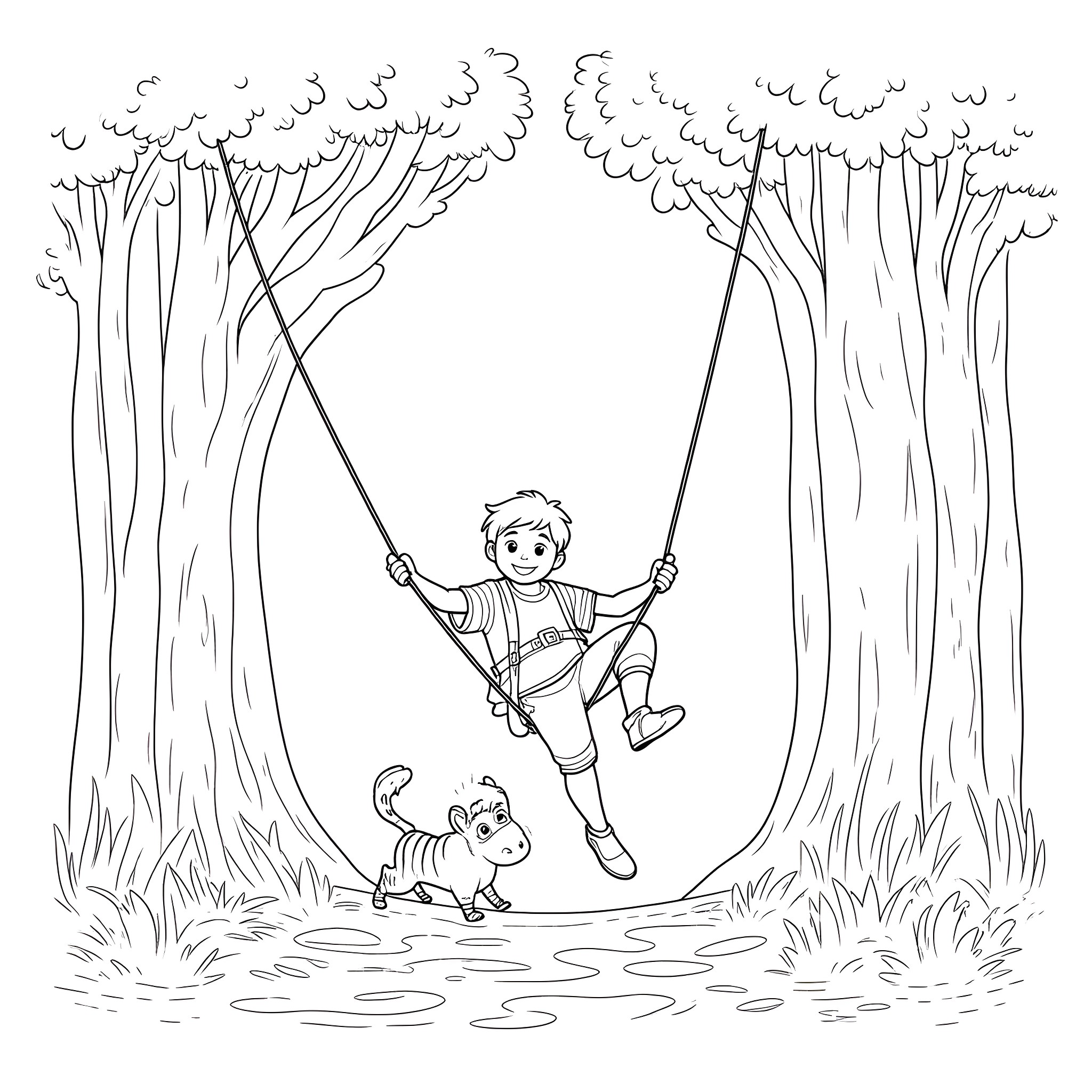 Brendan Fraser swinging on a rope in the forest with his pet Coloring Page (free black-and-white line drawing printable PDF for all, from beginners to advanced learners, including children, teens, adults, and seniors)