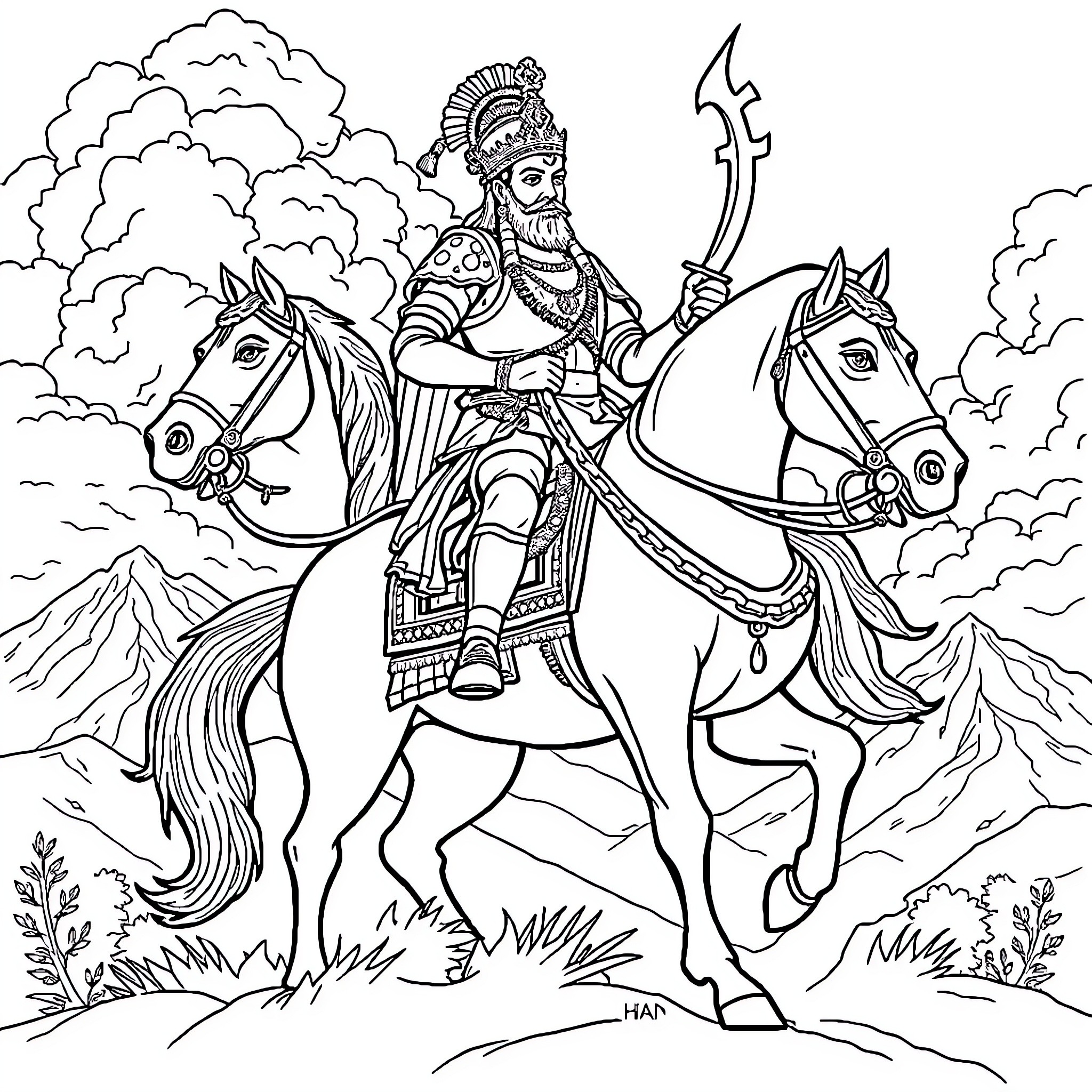 Chhatrapati Shivaji Maharaj riding on horseback in battle attire Coloring Page (free black-and-white line drawing printable PDF for all, from beginners to advanced learners, including children, teens, adults, and seniors)