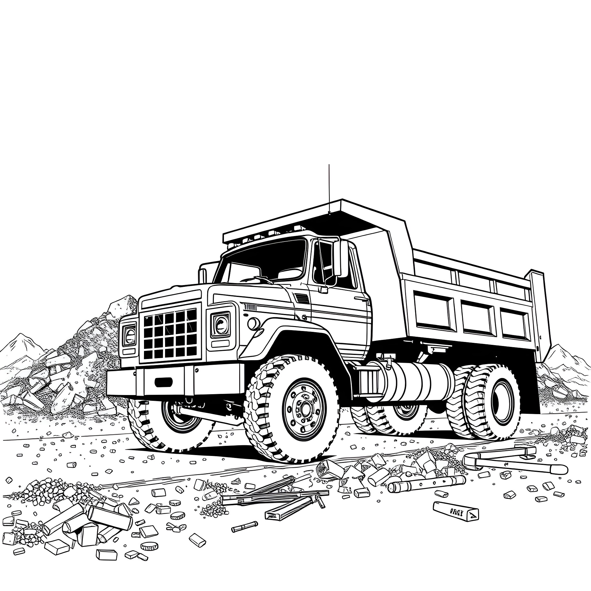 Dodge Truck hauling debris in rugged terrain Coloring Page (free black-and-white line drawing printable PDF for all, from beginners to advanced learners, including children, teens, adults, and seniors)