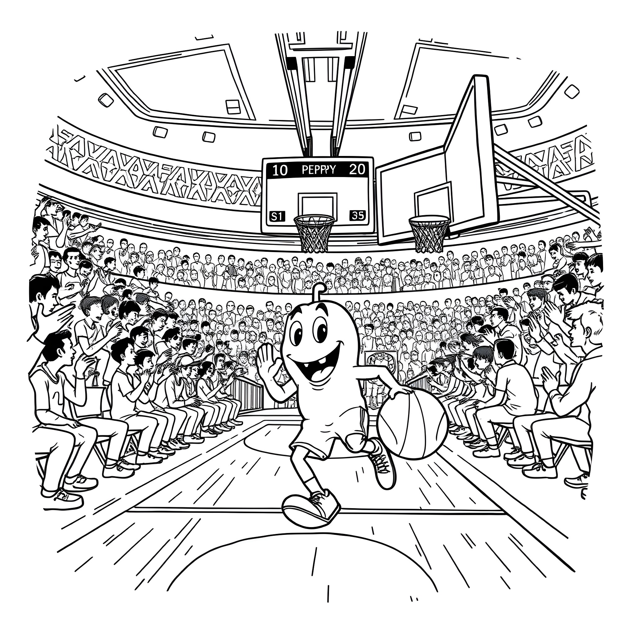 Pepper having fun in the basketball stadium Coloring Page (free black-and-white line drawing printable PDF for all, from beginners to advanced learners, including children, teens, adults, and seniors)