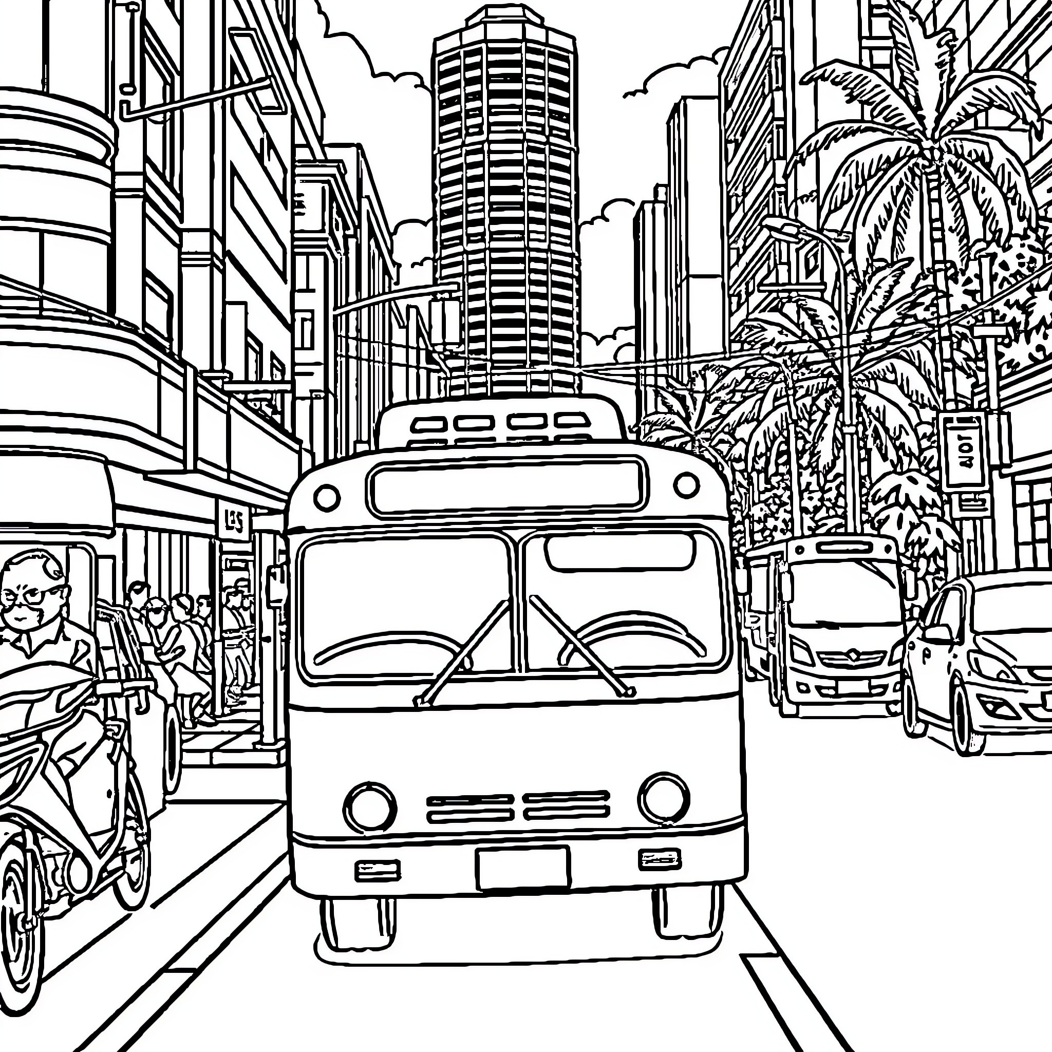 Bus on the Busy City Street Coloring Page (free black-and-white line drawing printable PDF for all, from beginners to advanced learners, including children, teens, adults, and seniors)