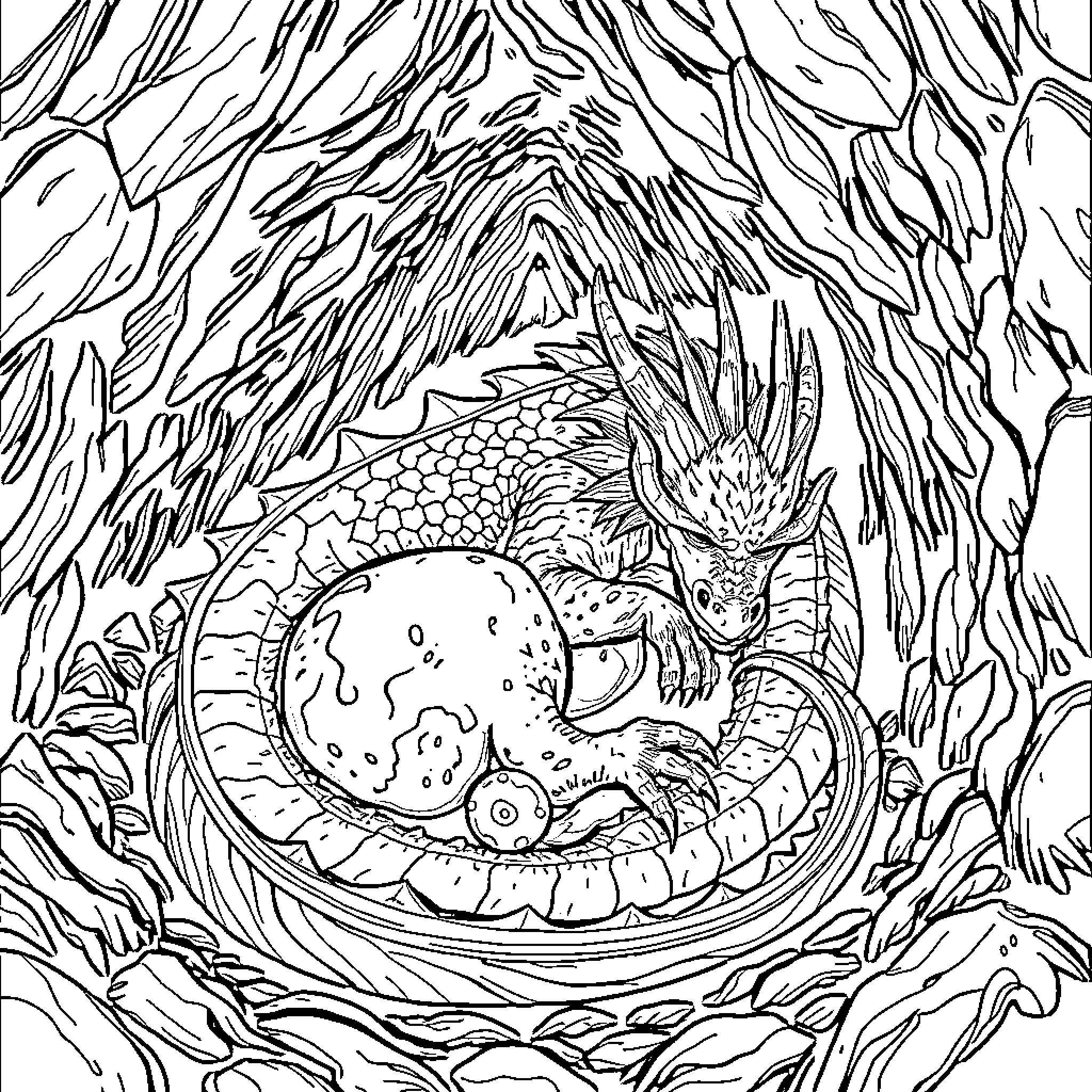 Dragon Sleeping Peacefully in Elaborate Nest Coloring Page (free black-and-white line drawing printable PDF for all, from beginners to advanced learners, including children, teens, adults, and seniors)