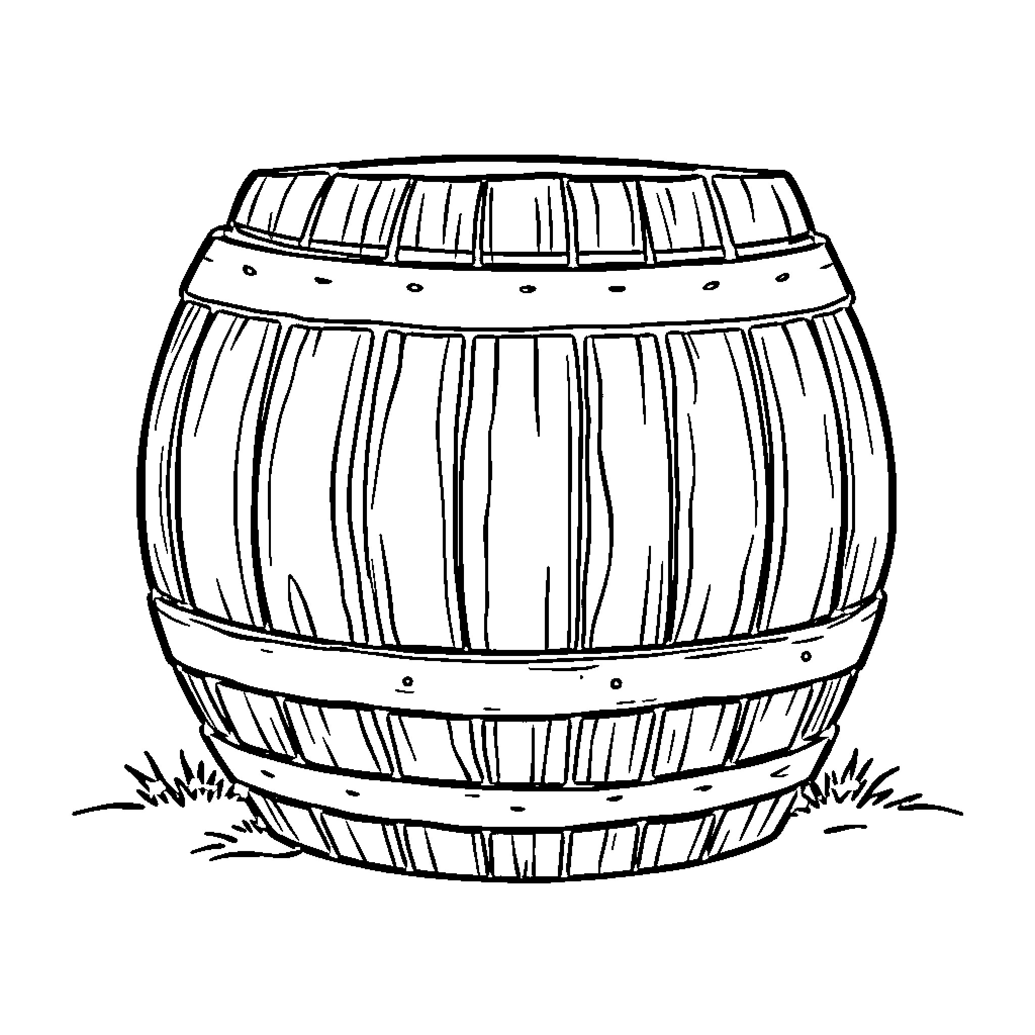 Barrel with wooden staves on grassy field Coloring Page (free black-and-white line drawing printable PDF for all, from beginners to advanced learners, including children, teens, adults, and seniors)