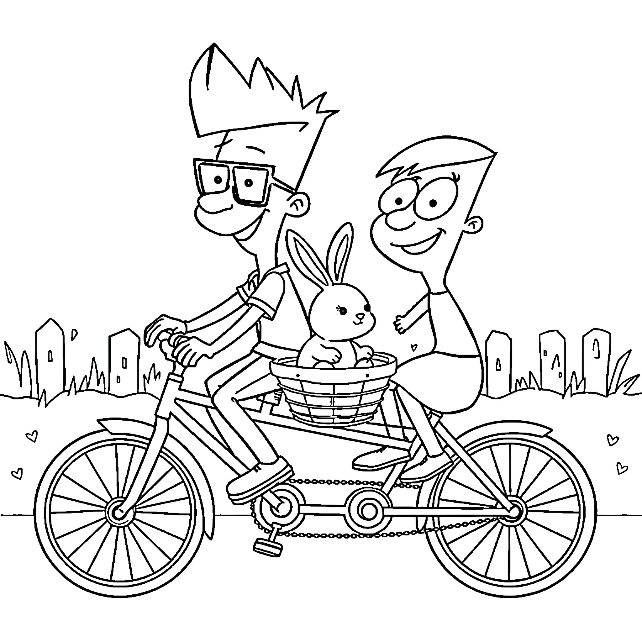 Phineas and Ferb's Playful Bicycle Ride with Bunny Coloring Page (free black-and-white line drawing printable PDF for all, from beginners to advanced learners, including children, teens, adults, and seniors)