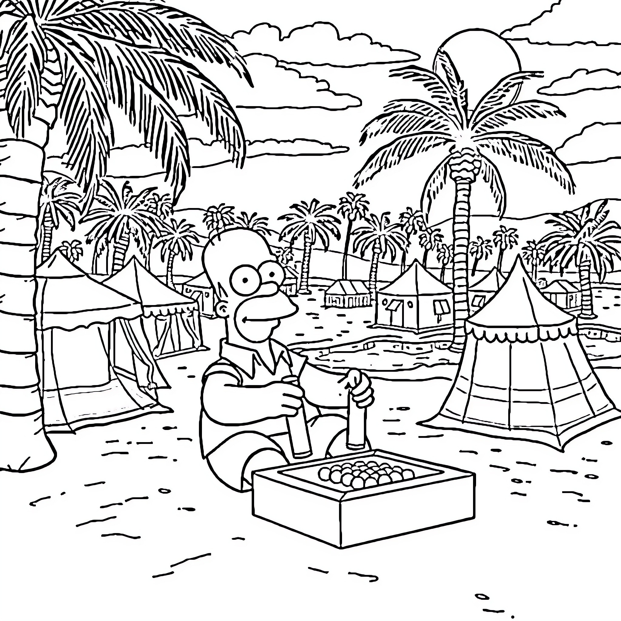 Homer Simpson enjoys a tropical vacation Coloring Page (free black-and-white line drawing printable PDF for all, from beginners to advanced learners, including children, teens, adults, and seniors)