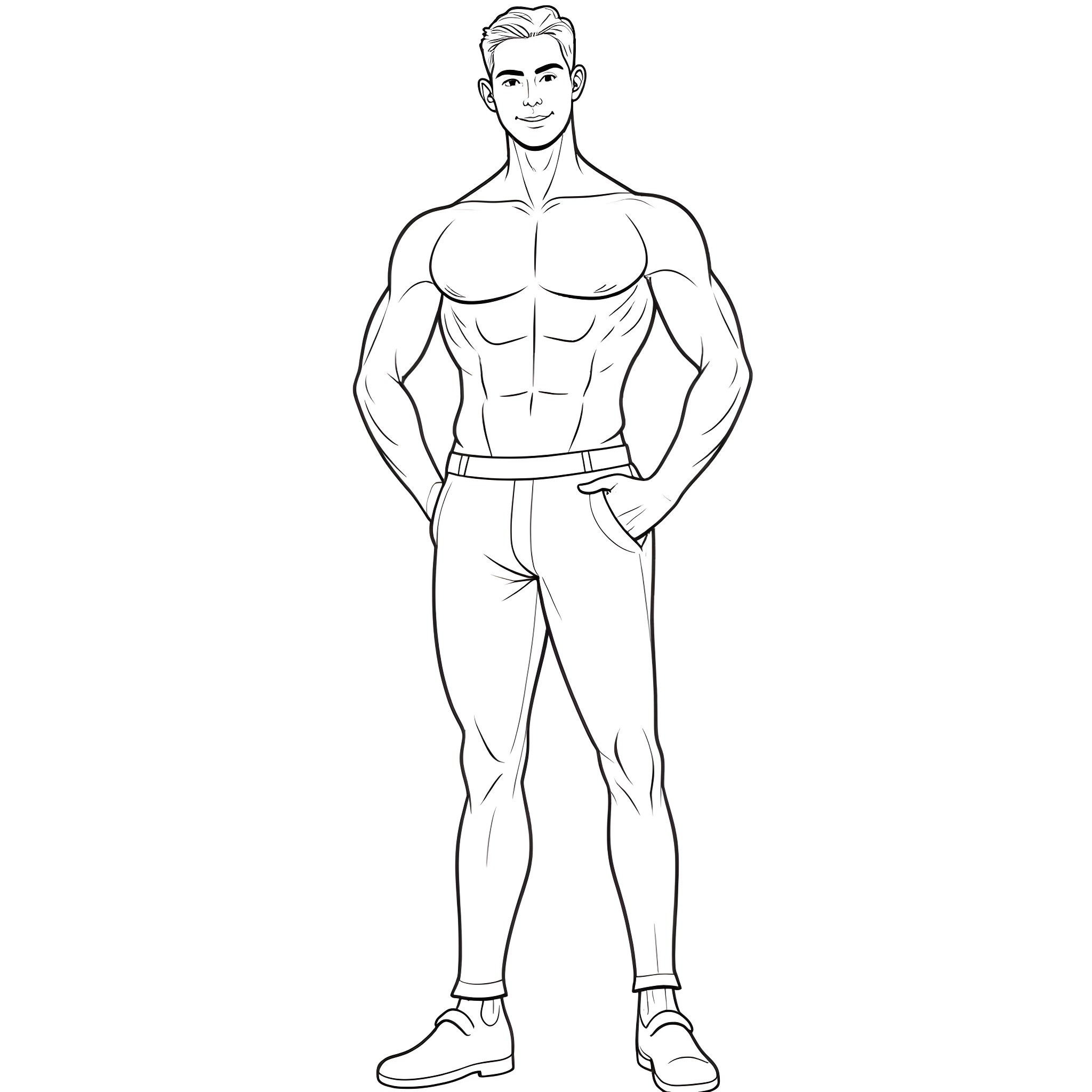 Man standing confidently with strong physique Coloring Page (free black-and-white line drawing printable PDF for all, from beginners to advanced learners, including children, teens, adults, and seniors)