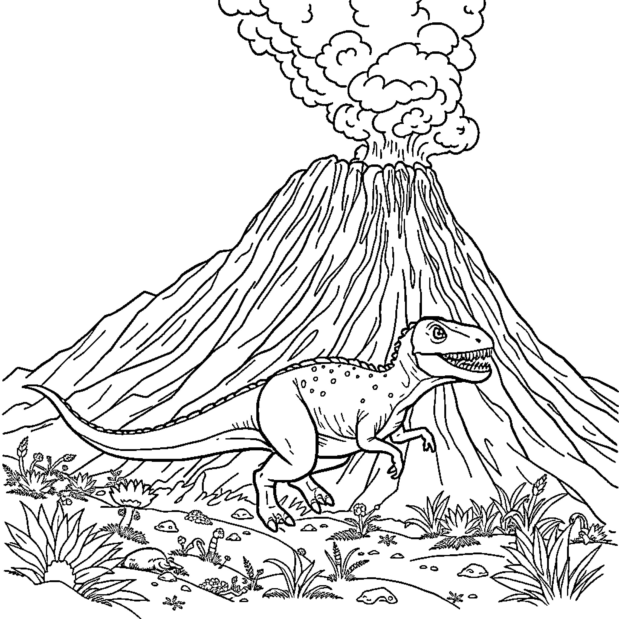Dinosaur erupting from volcanic landscape Coloring Page (free black-and-white line drawing printable PDF for all, from beginners to advanced learners, including children, teens, adults, and seniors)