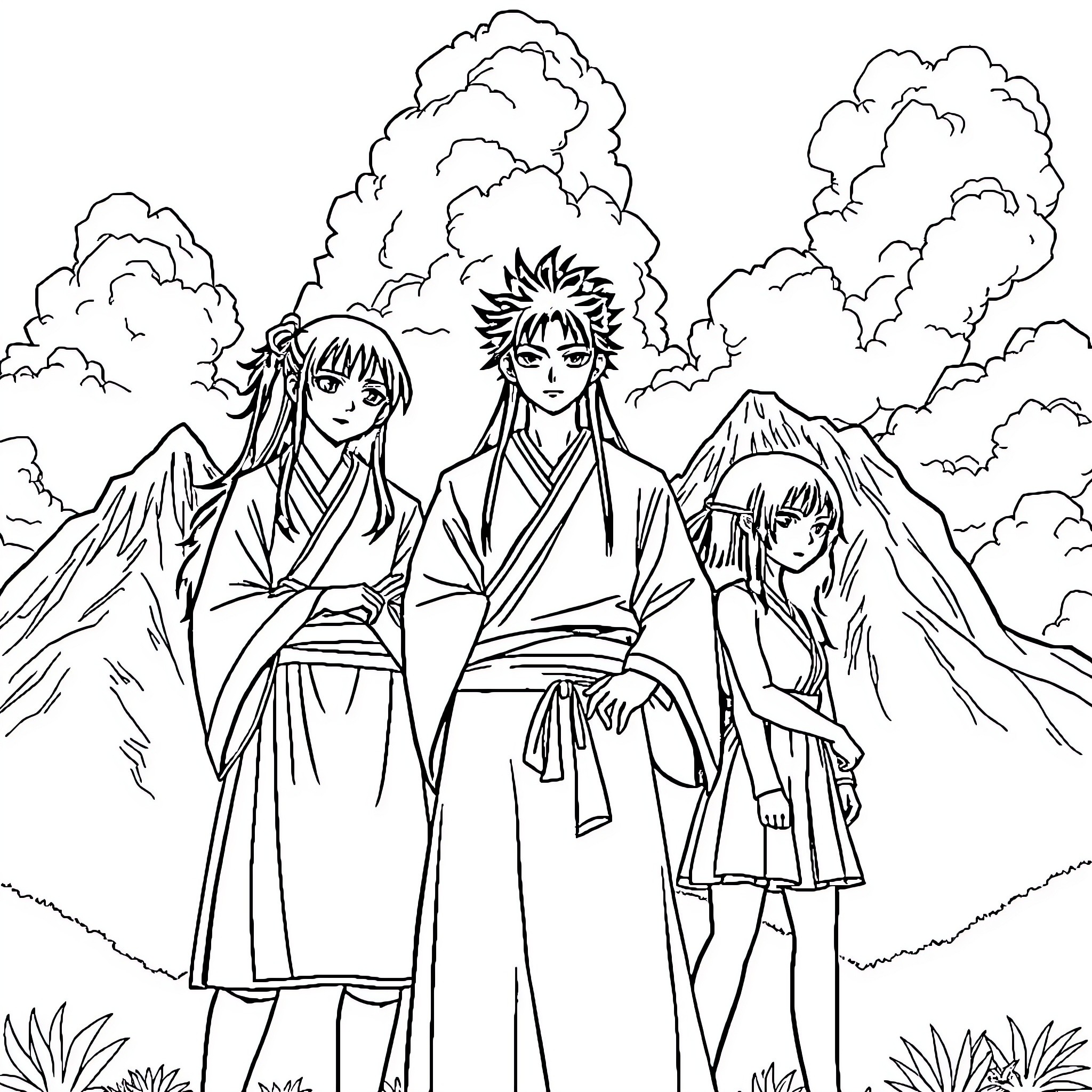 Hinata Hyuga and her friends in traditional Japanese attire Coloring Page (free black-and-white line drawing printable PDF for all, from beginners to advanced learners, including children, teens, adults, and seniors)