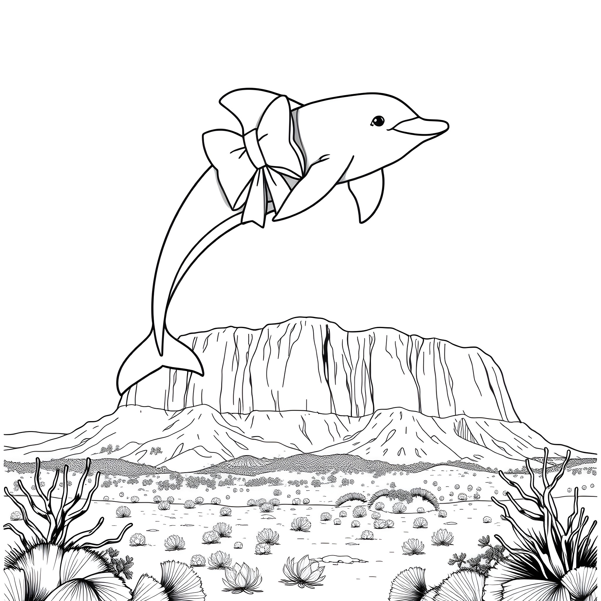 Dolphin jumping happily in the desert landscape Coloring Page (free black-and-white line drawing printable PDF for all, from beginners to advanced learners, including children, teens, adults, and seniors)
