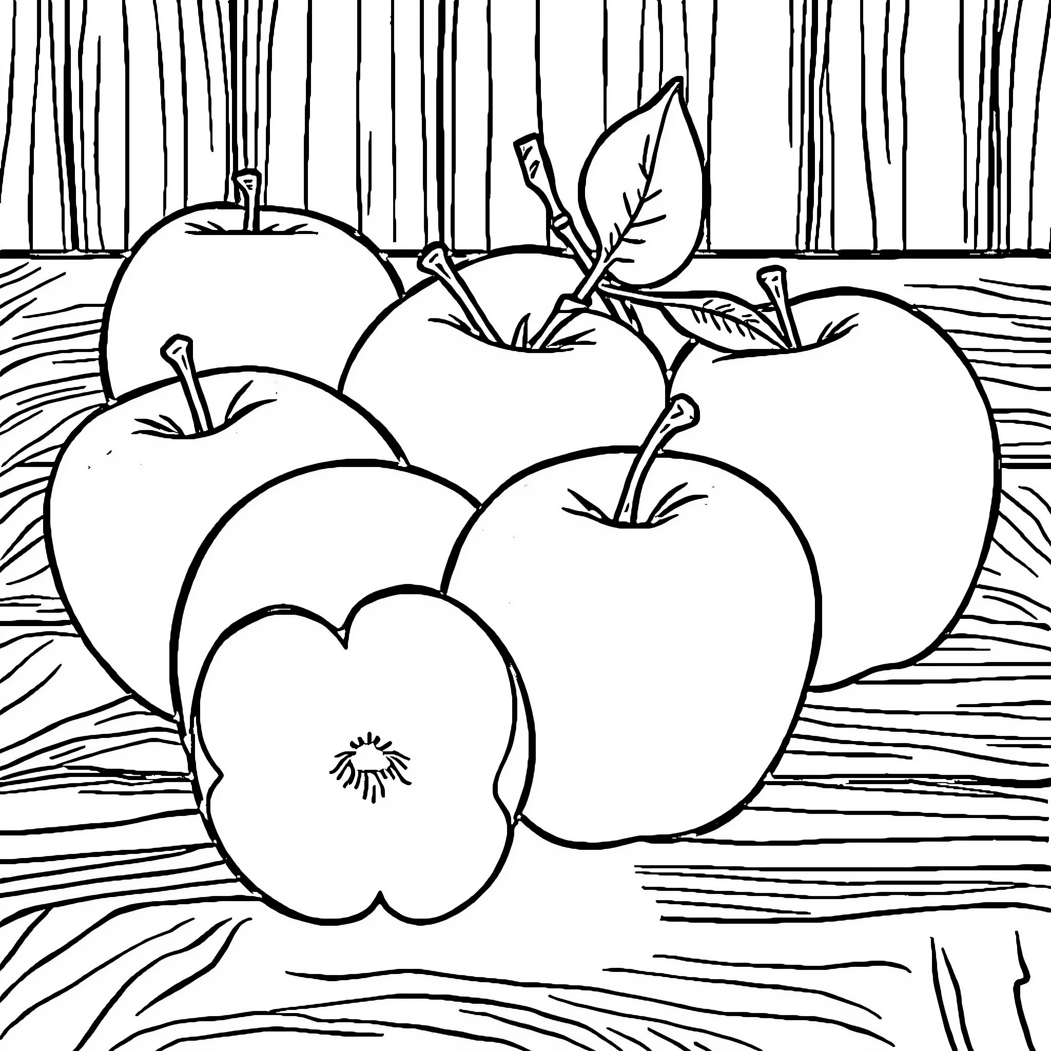 Apple Harvest: Apples in a Rustic Setting Coloring Page (free black-and-white line drawing printable PDF for all, from beginners to advanced learners, including children, teens, adults, and seniors)