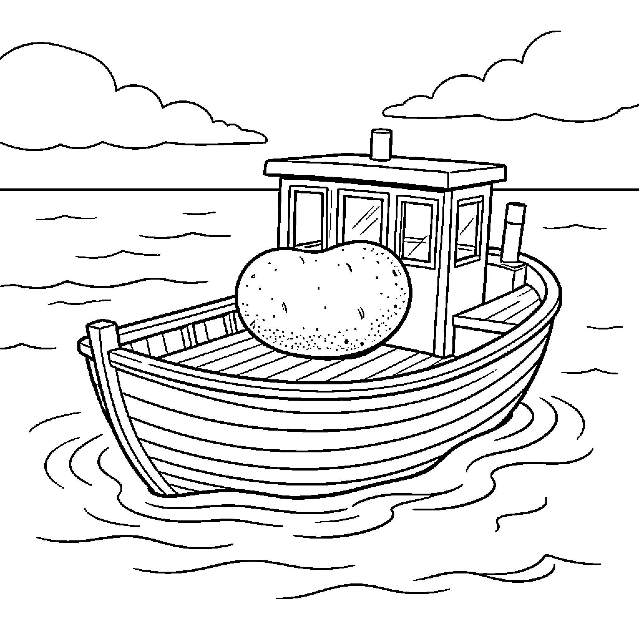 Potato sailing on a small wooden boat Coloring Page (free black-and-white line drawing printable PDF for all, from beginners to advanced learners, including children, teens, adults, and seniors)