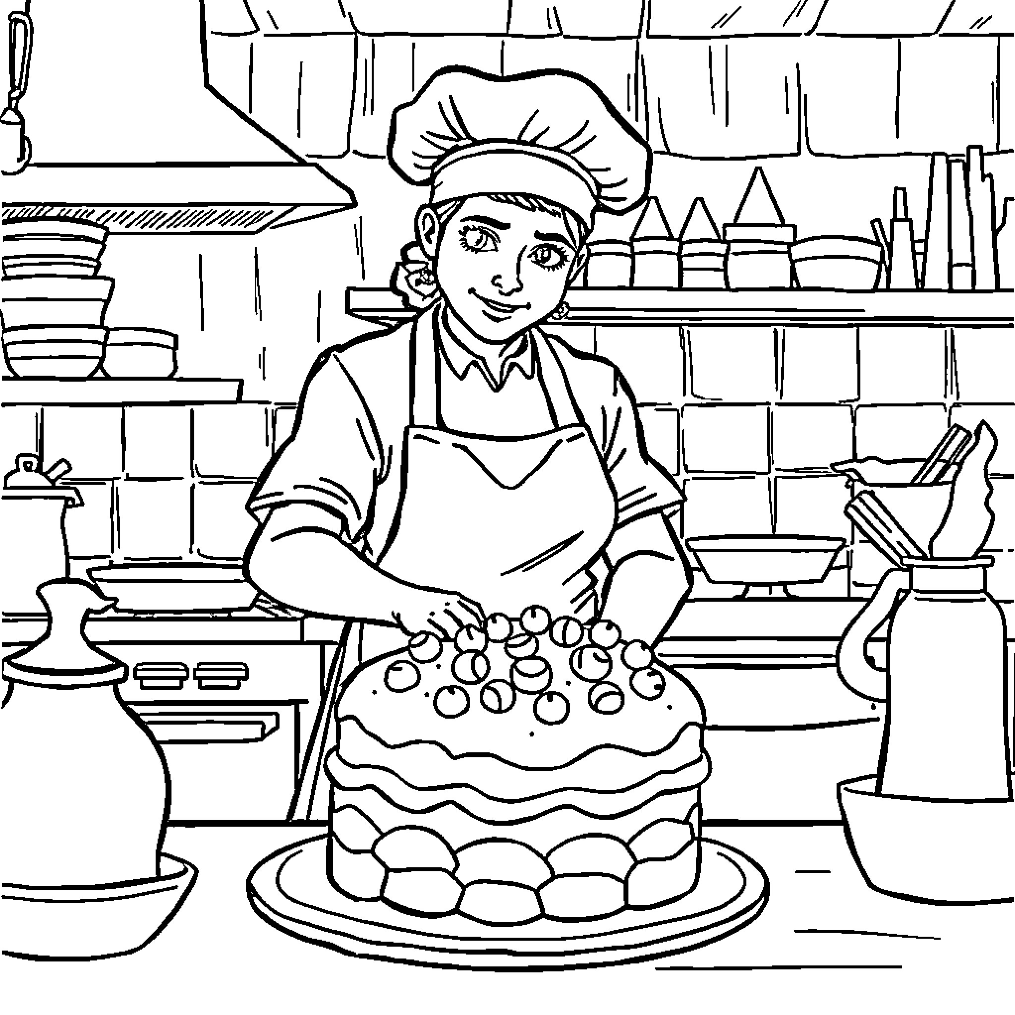 Cook decorating delicious cake in kitchen Coloring Page (free black-and-white line drawing printable PDF for all, from beginners to advanced learners, including children, teens, adults, and seniors)