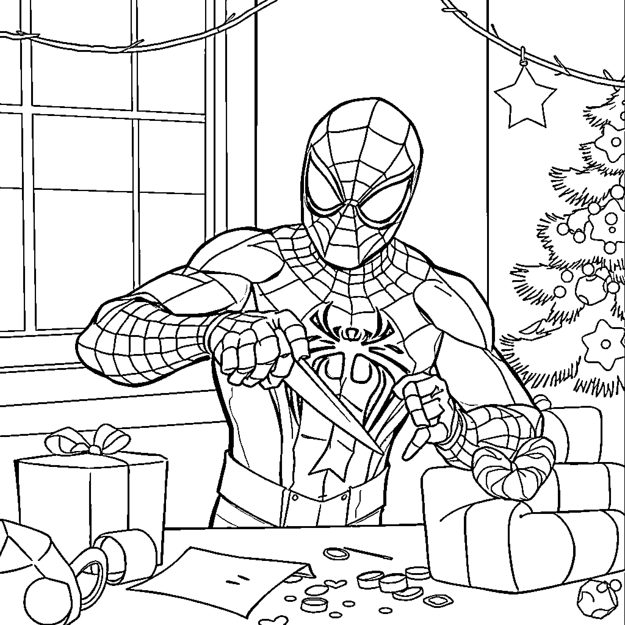 Spider-Man decorating for the holidays Coloring Page (free black-and-white line drawing printable PDF for all, from beginners to advanced learners, including children, teens, adults, and seniors)