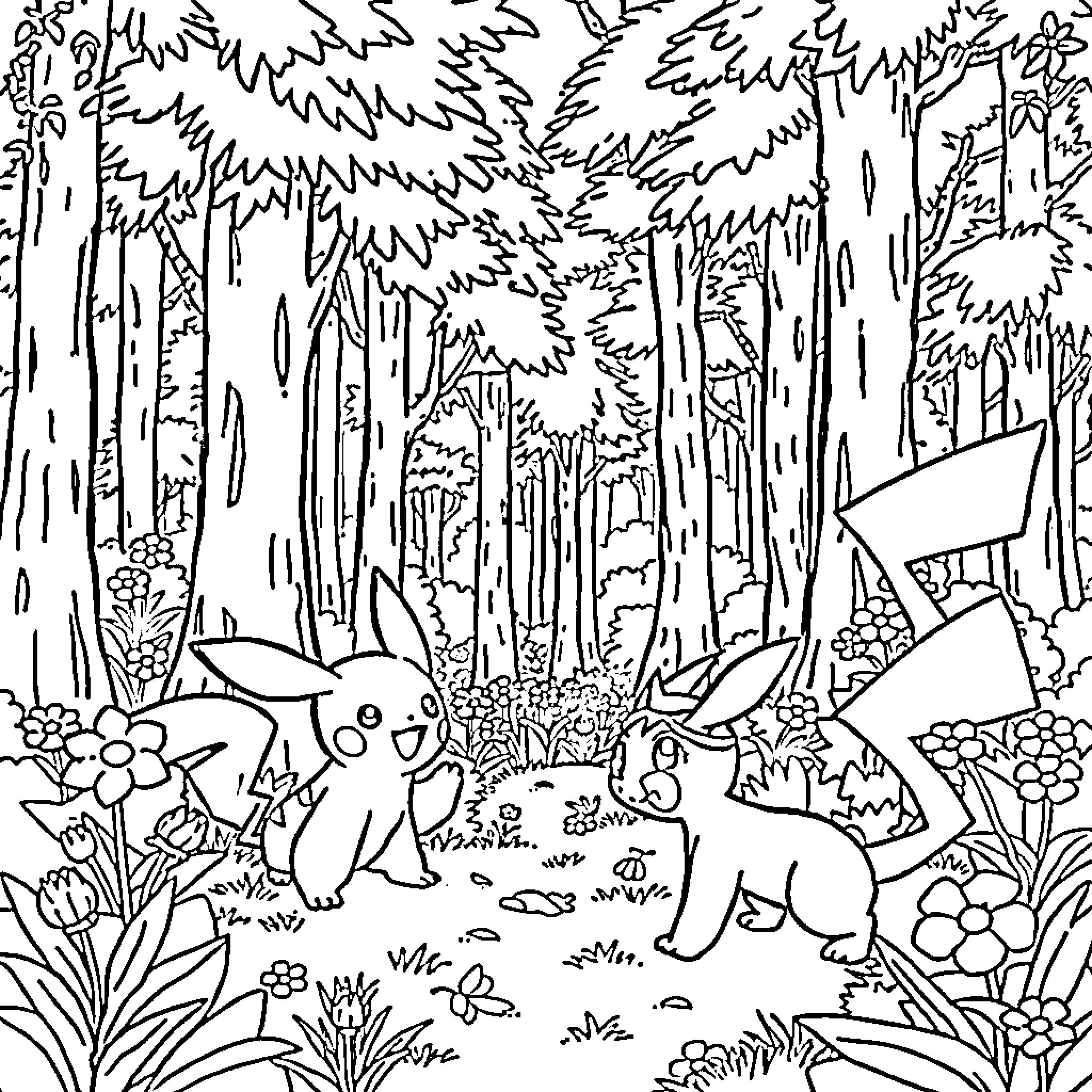 Pokémon Exploring the Enchanted Forest Coloring Page (free black-and-white line drawing printable PDF for all, from beginners to advanced learners, including children, teens, adults, and seniors)