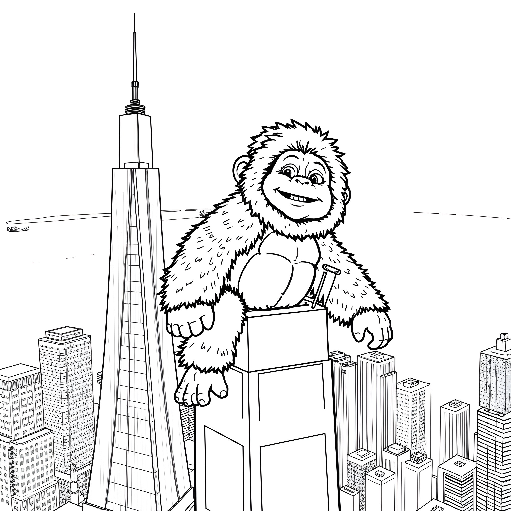 King Kong Atop Skyscrapers in the City Coloring Page (free black-and-white line drawing printable PDF for all, from beginners to advanced learners, including children, teens, adults, and seniors)