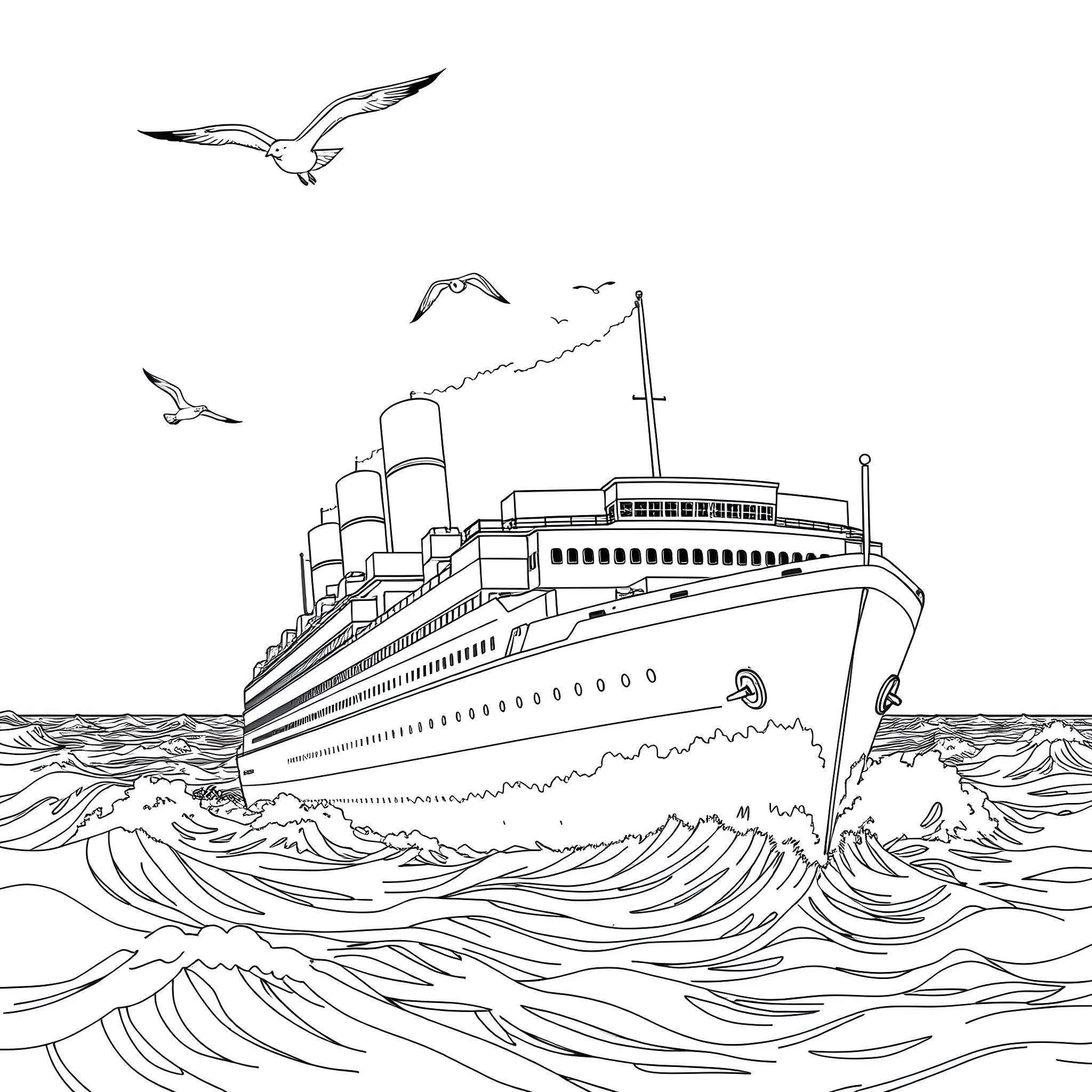 Titanic Ocean Liner Sails Amidst Waves and Seagulls Coloring Page (free black-and-white line drawing printable PDF for all, from beginners to advanced learners, including children, teens, adults, and seniors)