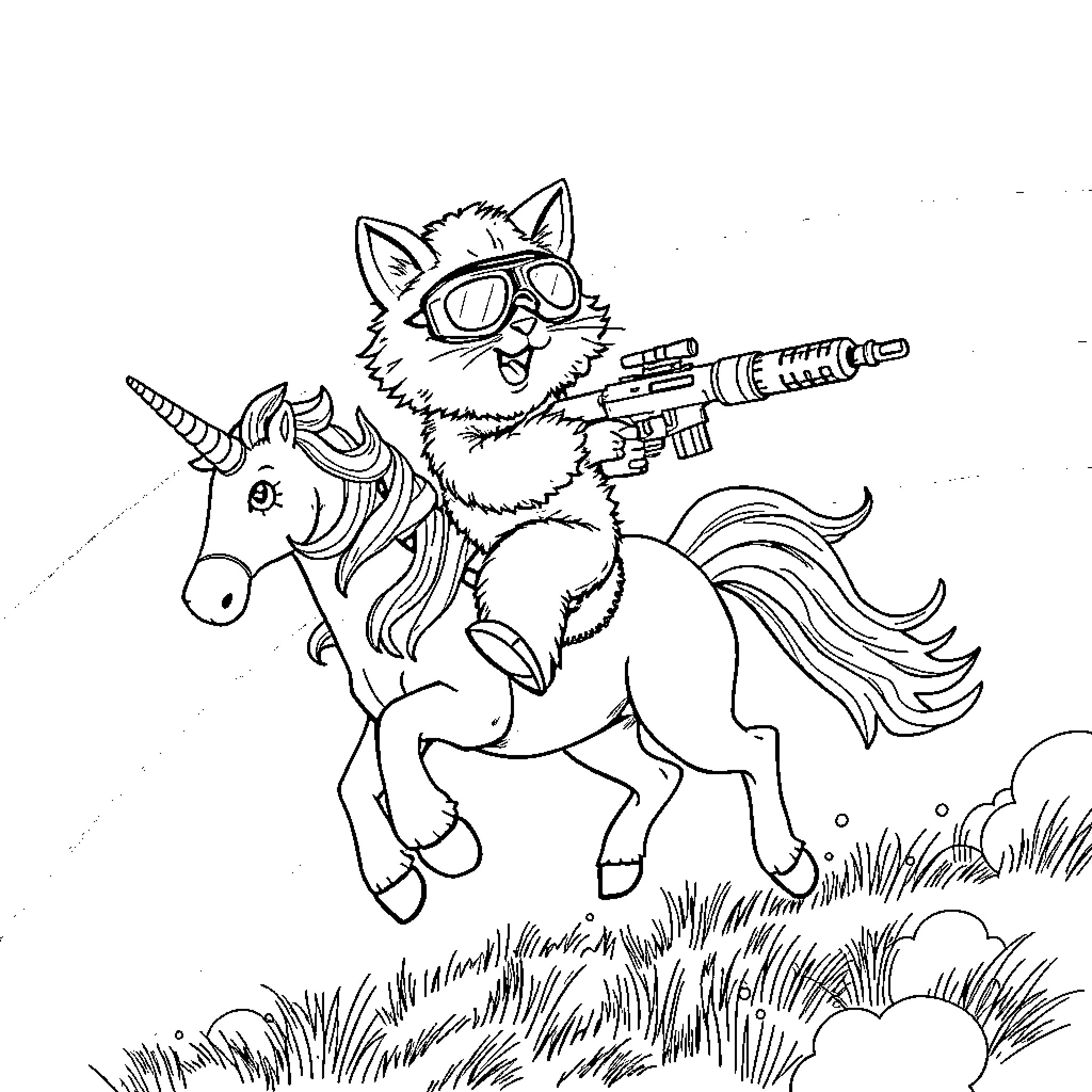 Cat riding unicorn with laser gun in field Coloring Page (free black-and-white line drawing printable PDF for all, from beginners to advanced learners, including children, teens, adults, and seniors)