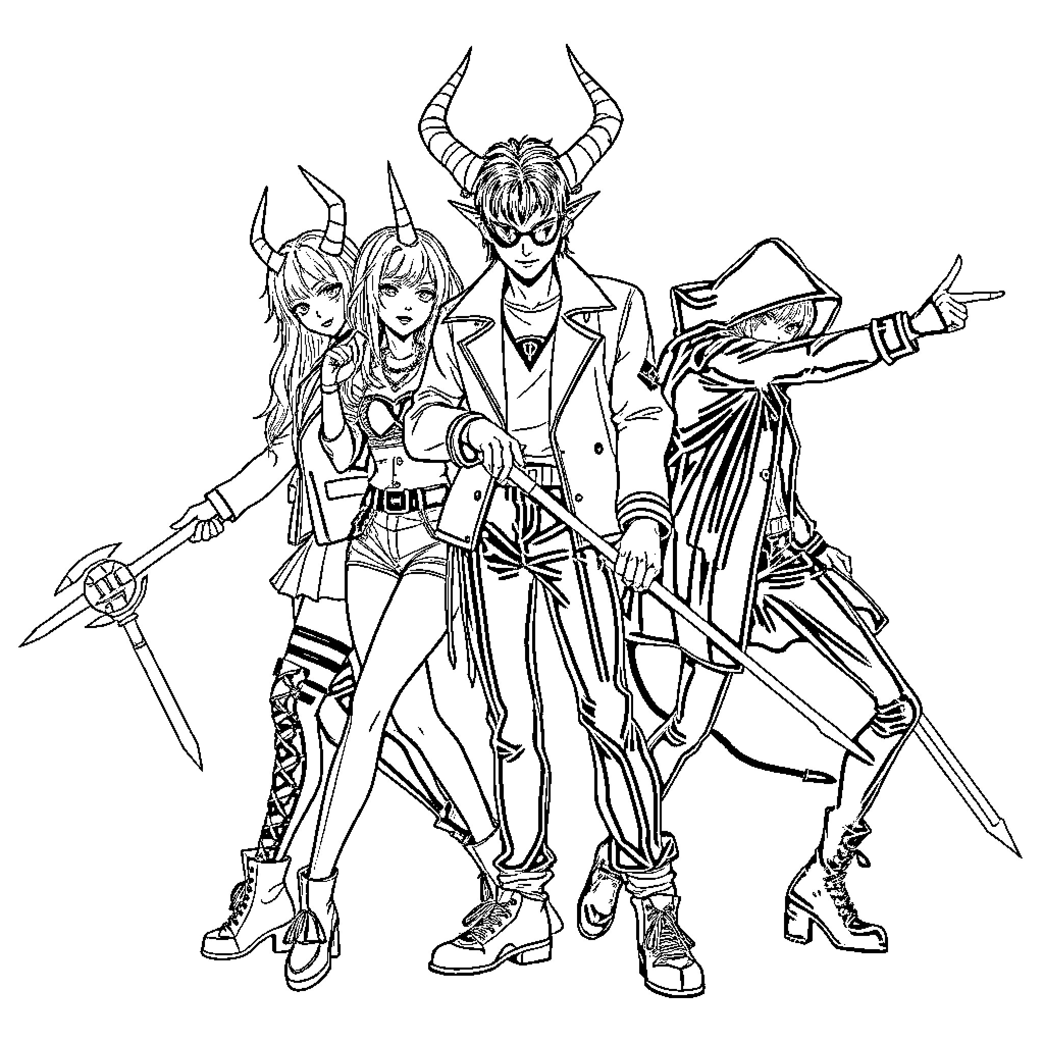 Demon Hunter Trio in Fierce Battle Attire Coloring Page (free black-and-white line drawing printable PDF for all, from beginners to advanced learners, including children, teens, adults, and seniors)