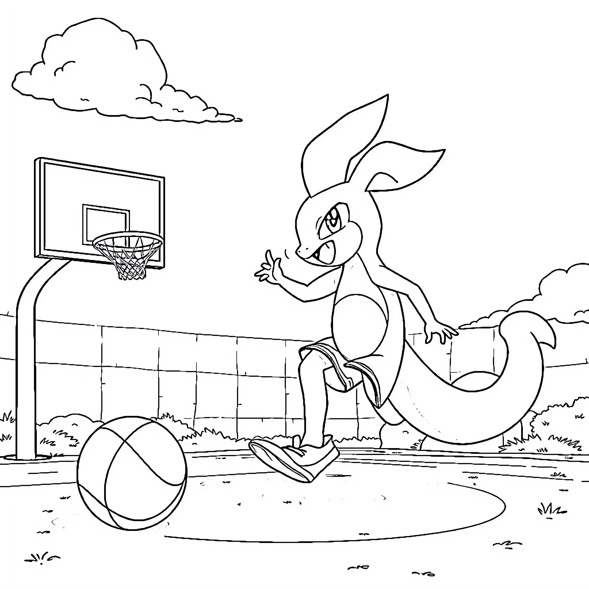 Pokémon character playing basketball on outdoor court Coloring Page (free black-and-white line drawing printable PDF for all, from beginners to advanced learners, including children, teens, adults, and seniors)