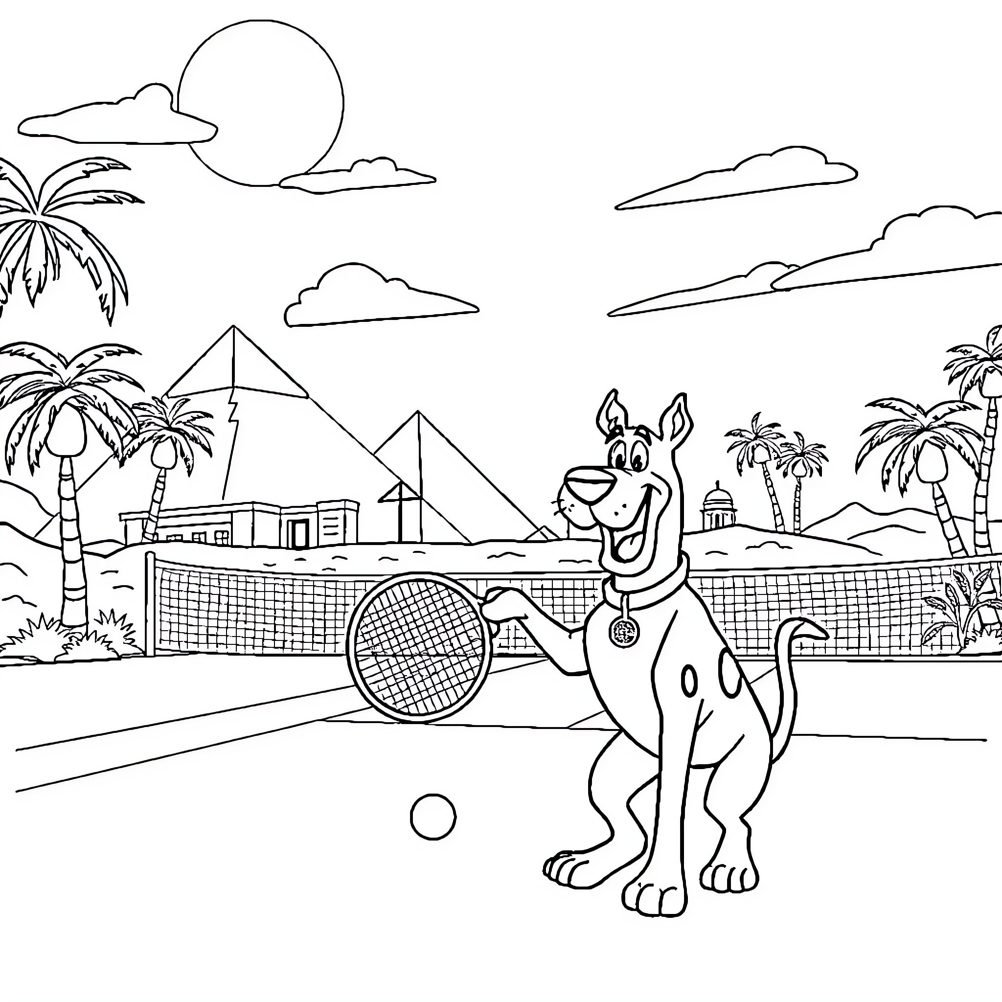 Scooby Doo playing tennis in a desert landscape Coloring Page (free black-and-white line drawing printable PDF for all, from beginners to advanced learners, including children, teens, adults, and seniors)
