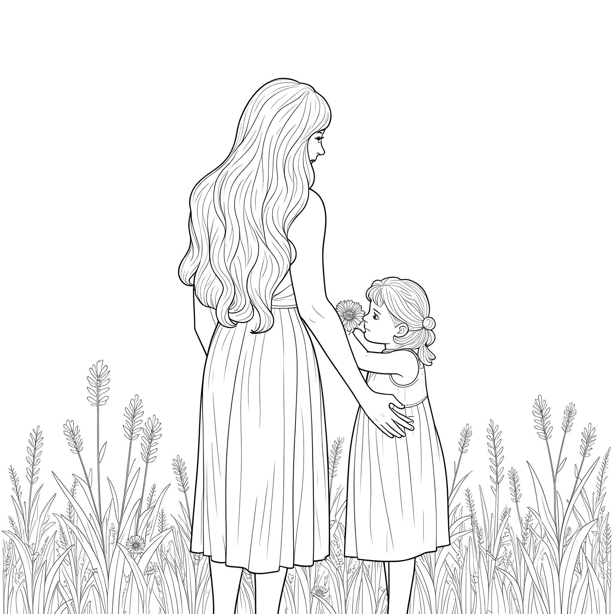 Flower Mother and Daughter Enjoying Nature Together Coloring Page (free black-and-white line drawing printable PDF for all, from beginners to advanced learners, including children, teens, adults, and seniors)
