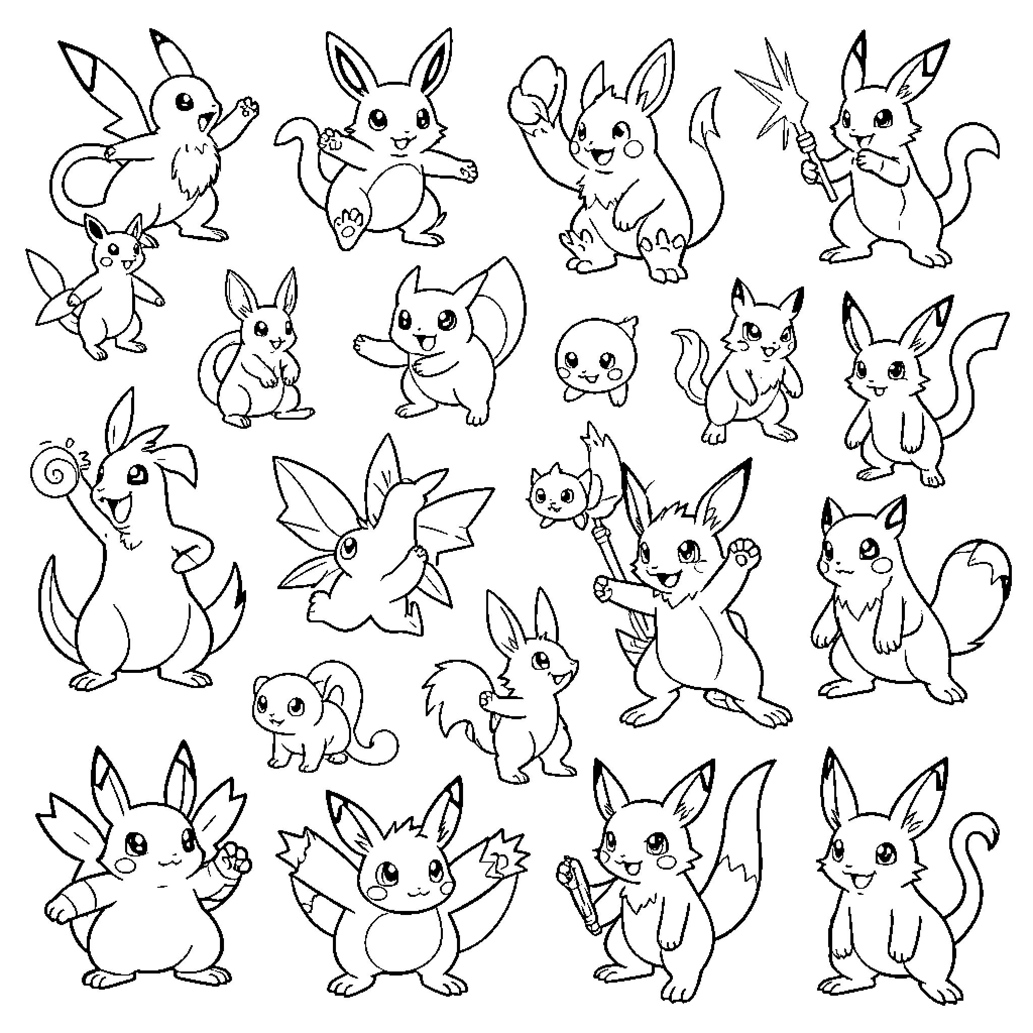 Pokémon characters posing and playing in various joyful scenes Coloring Page (free black-and-white line drawing printable PDF for all, from beginners to advanced learners, including children, teens, adults, and seniors)