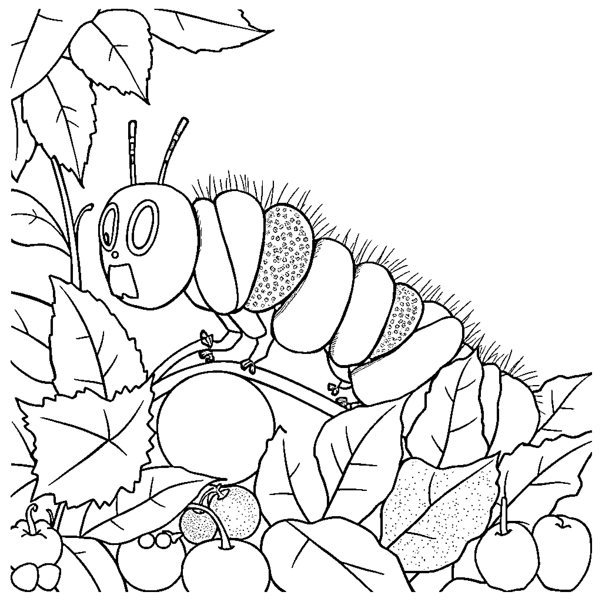Caterpillar amidst autumn leaves Coloring Page (free black-and-white line drawing printable PDF for all, from beginners to advanced learners, including children, teens, adults, and seniors)