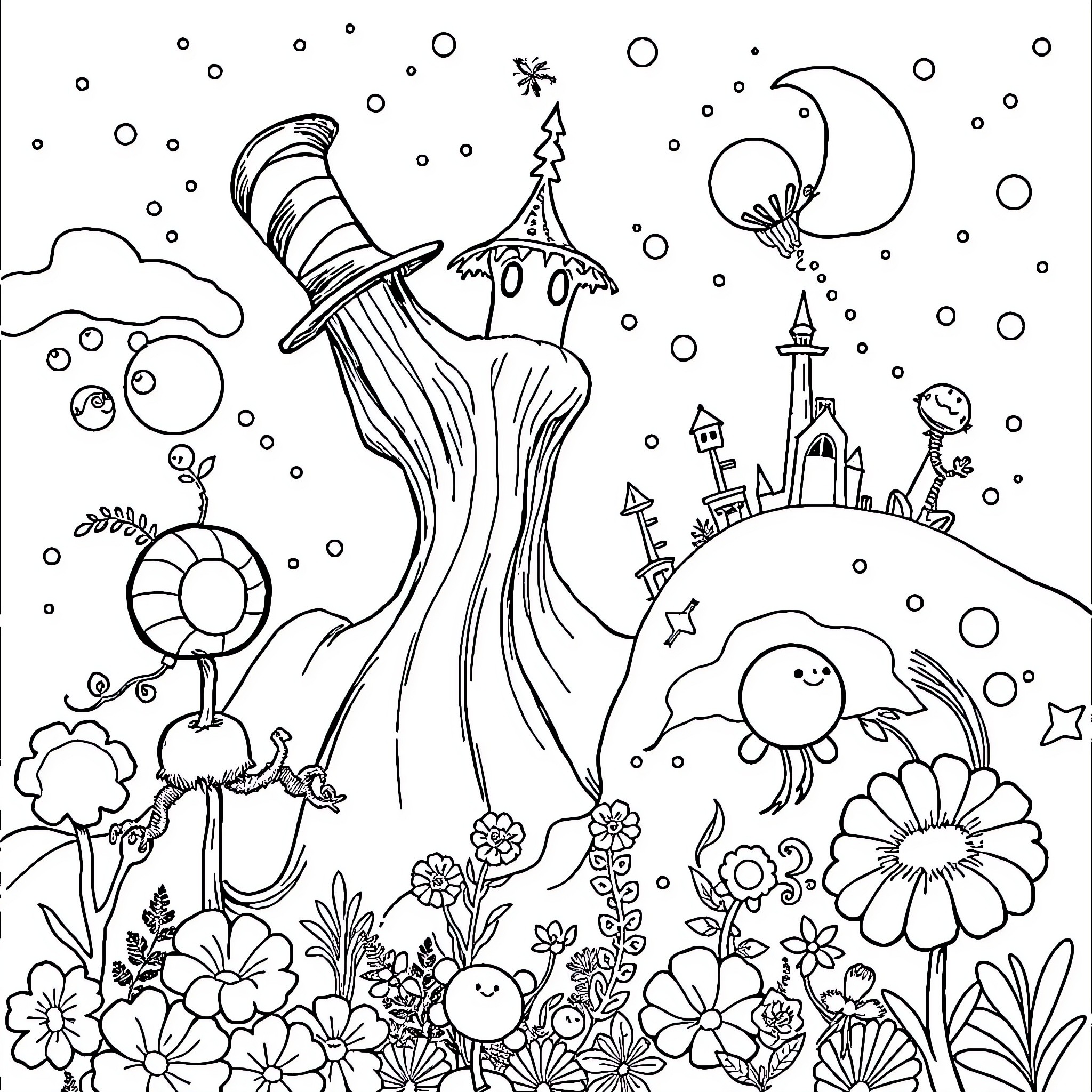 Dr. Seuss Whimsical Wonderland with Fanciful Figures Coloring Page (free black-and-white line drawing printable PDF for all, from beginners to advanced learners, including children, teens, adults, and seniors)