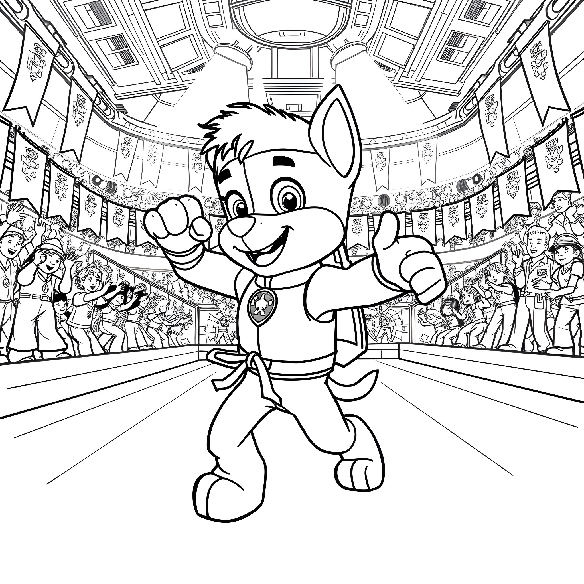 Chase a Cheerful Character at the Celebration Coloring Page (free black-and-white line drawing printable PDF for all, from beginners to advanced learners, including children, teens, adults, and seniors)