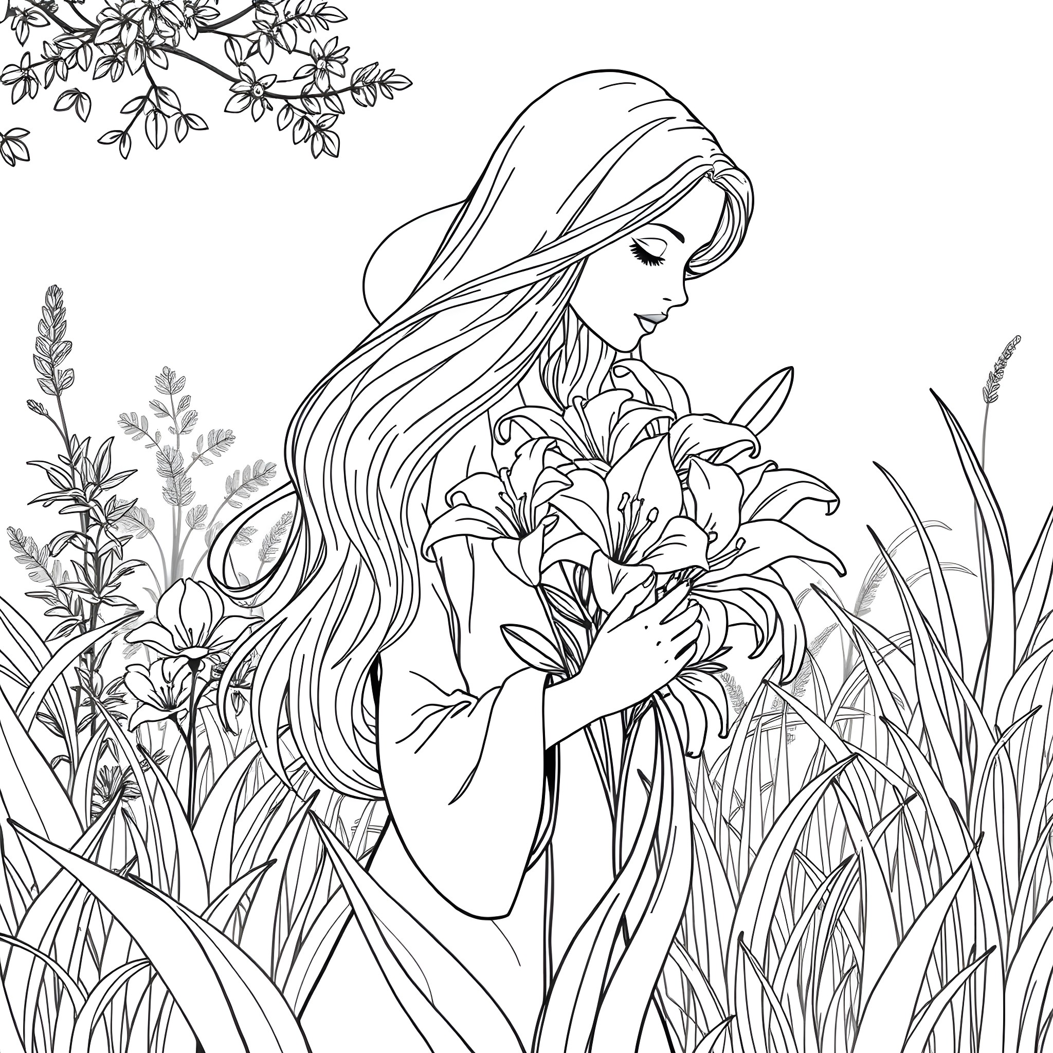 Girl embracing flowers in the garden Coloring Page (free black-and-white line drawing printable PDF for all, from beginners to advanced learners, including children, teens, adults, and seniors)