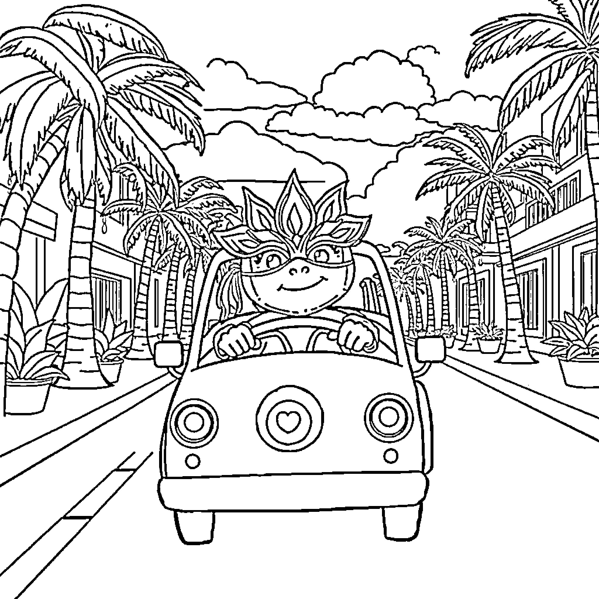 Coconut Vejigante driving car through tropical town Coloring Page (free black-and-white line drawing printable PDF for all, from beginners to advanced learners, including children, teens, adults, and seniors)