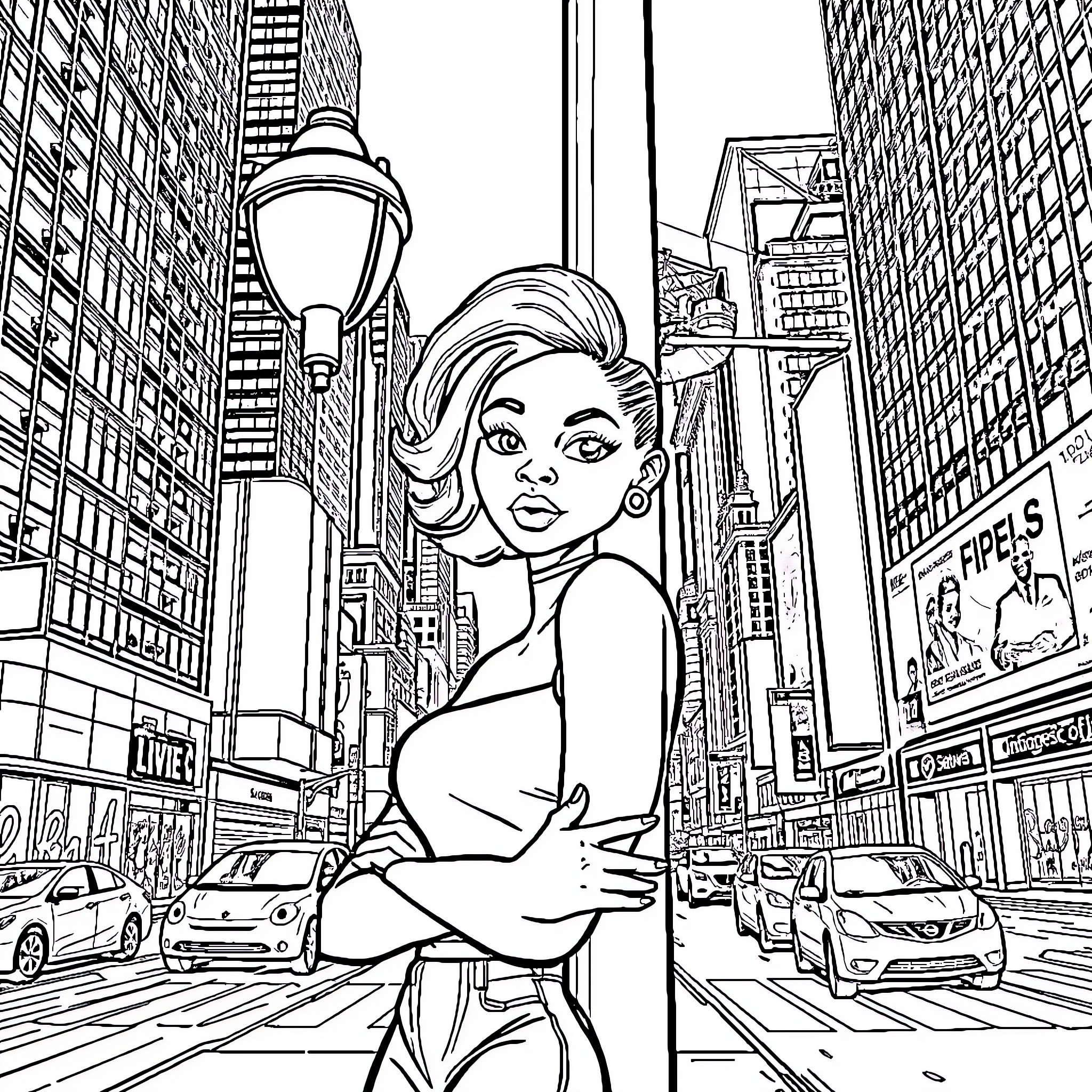 Girl exploring the vibrant city landscape Coloring Page (free black-and-white line drawing printable PDF for all, from beginners to advanced learners, including children, teens, adults, and seniors)