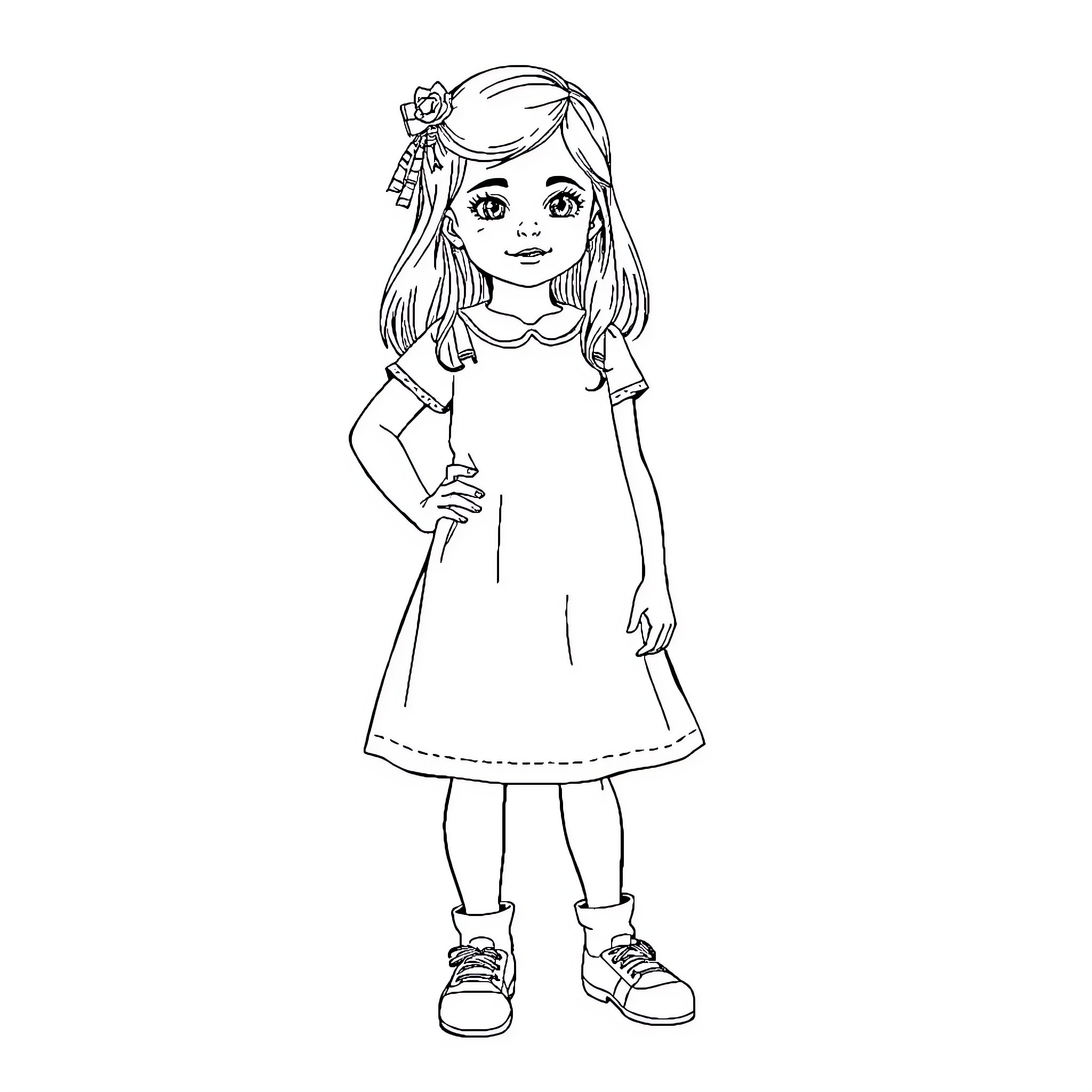 Girl with Floral Headband and Casual Outfit Coloring Page (free black-and-white line drawing printable PDF for all, from beginners to advanced learners, including children, teens, adults, and seniors)