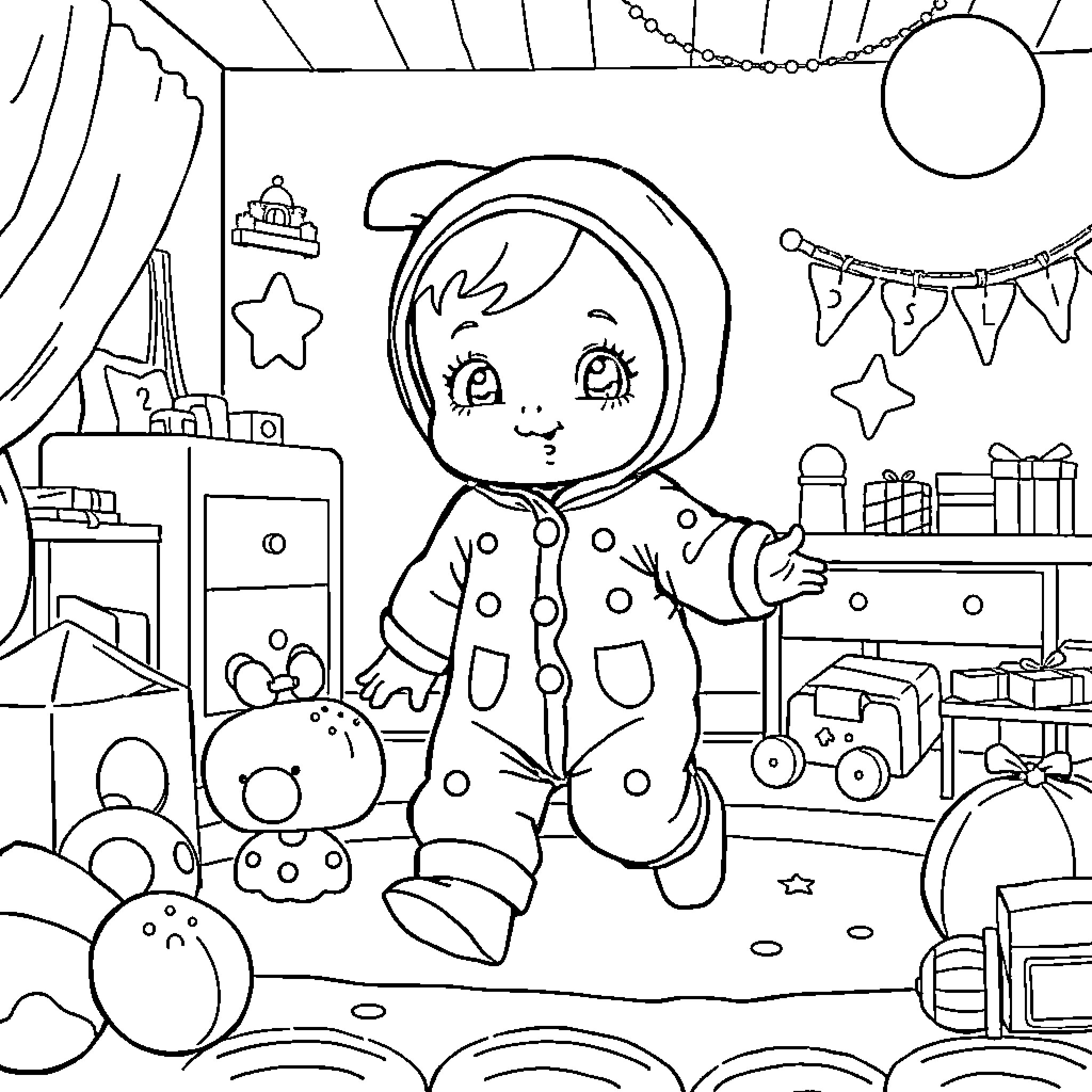 Poupée playing with toys in her cozy room Coloring Page (free black-and-white line drawing printable PDF for all, from beginners to advanced learners, including children, teens, adults, and seniors)