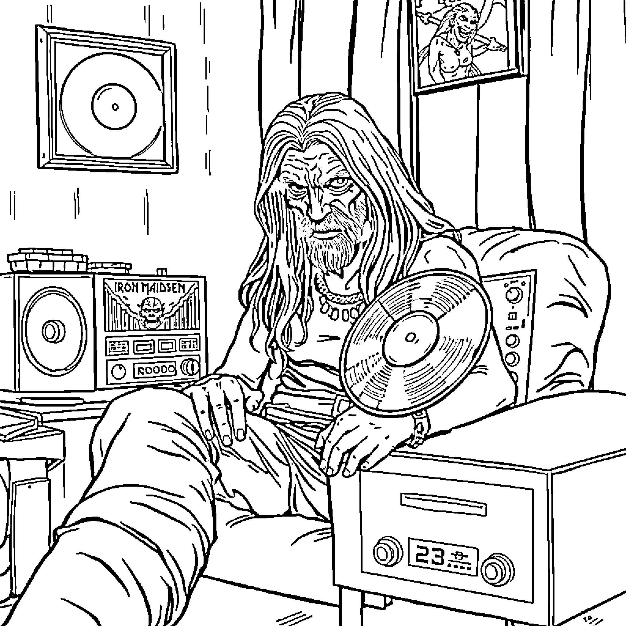 Metalhead listening to heavy metal music Coloring Page (free black-and-white line drawing printable PDF for all, from beginners to advanced learners, including children, teens, adults, and seniors)