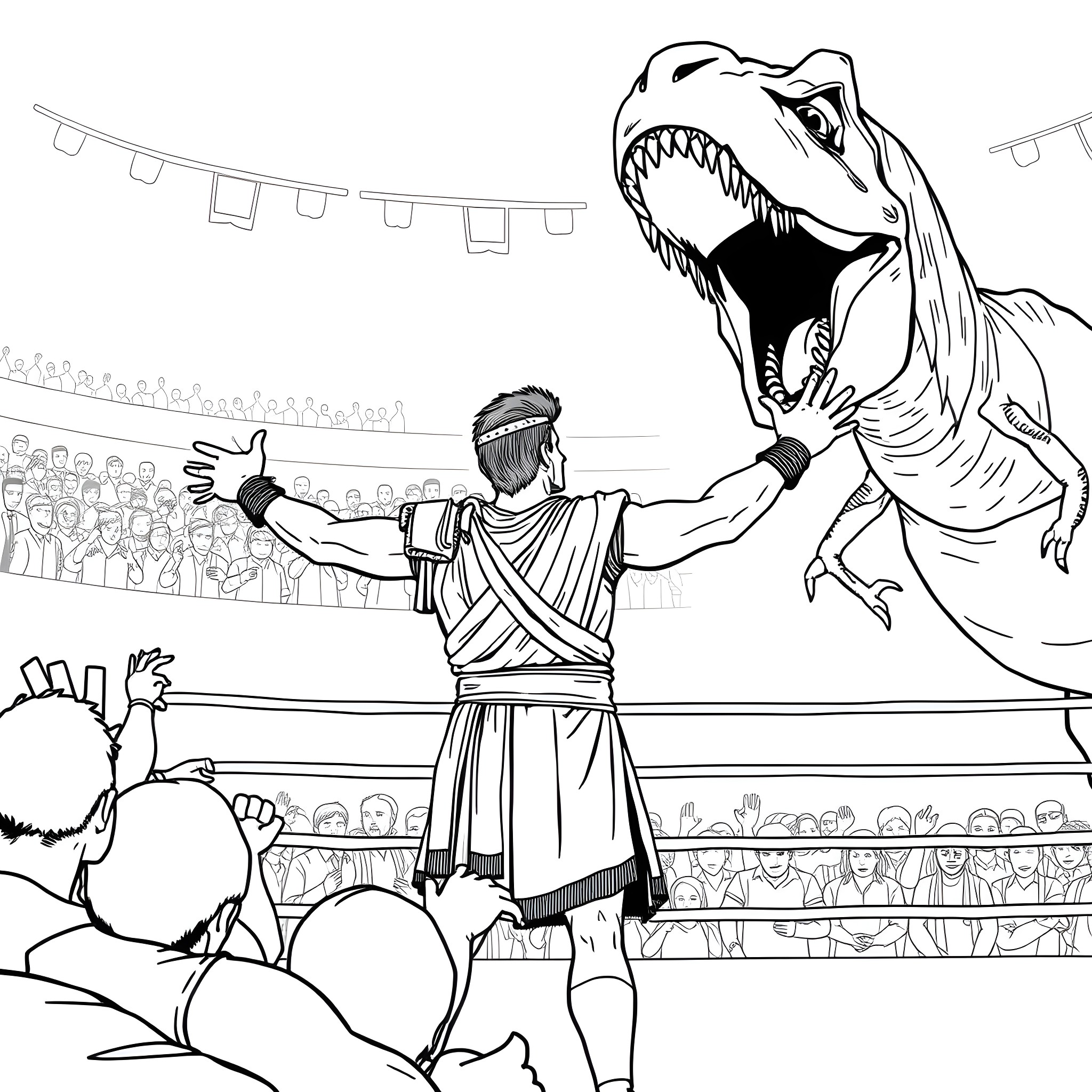 Russell Crowe battles a ferocious dinosaur in an ancient Roman arena Coloring Page (free black-and-white line drawing printable PDF for all, from beginners to advanced learners, including children, teens, adults, and seniors)