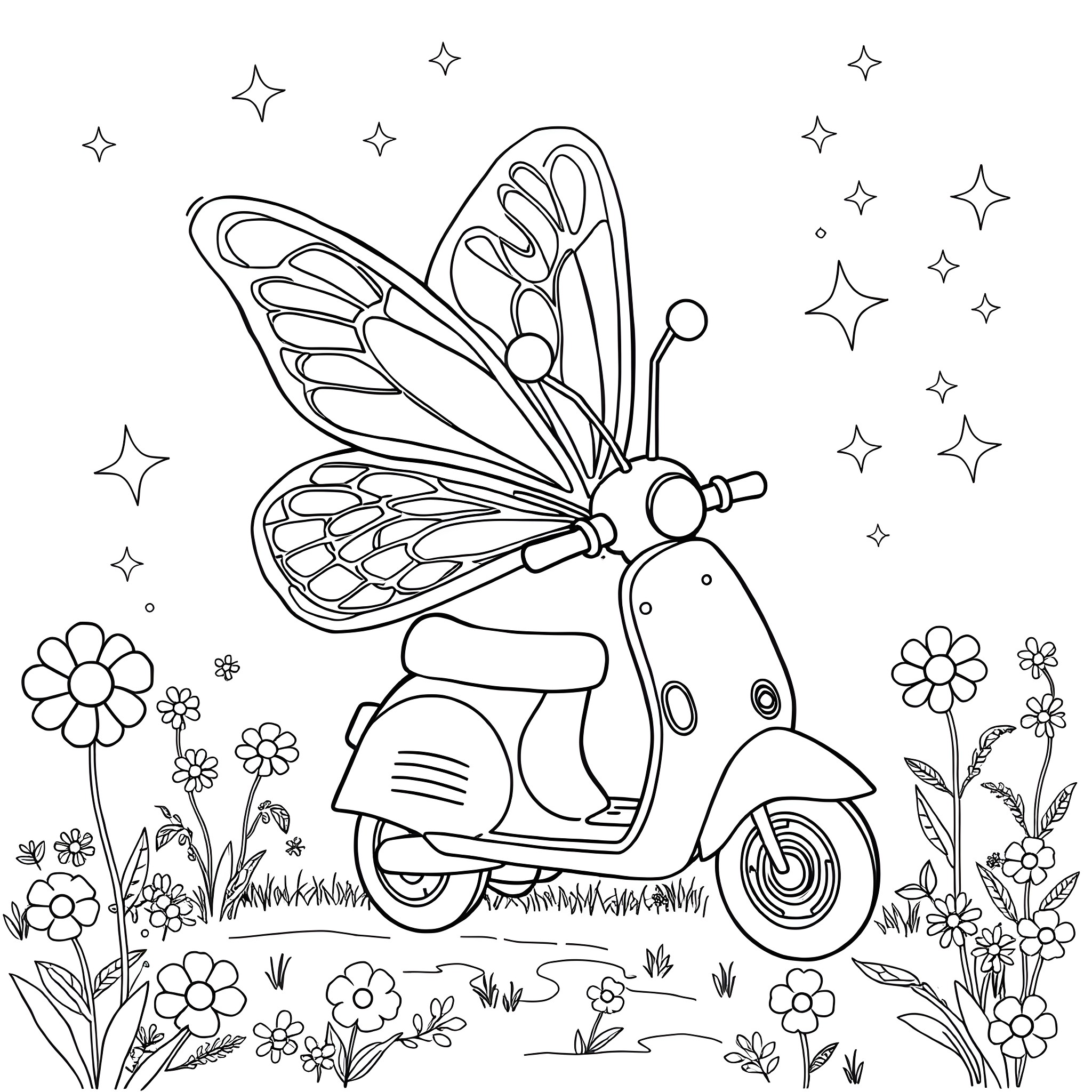 Butterfly riding a scooter in a floral field Coloring Page (free black-and-white line drawing printable PDF for all, from beginners to advanced learners, including children, teens, adults, and seniors)