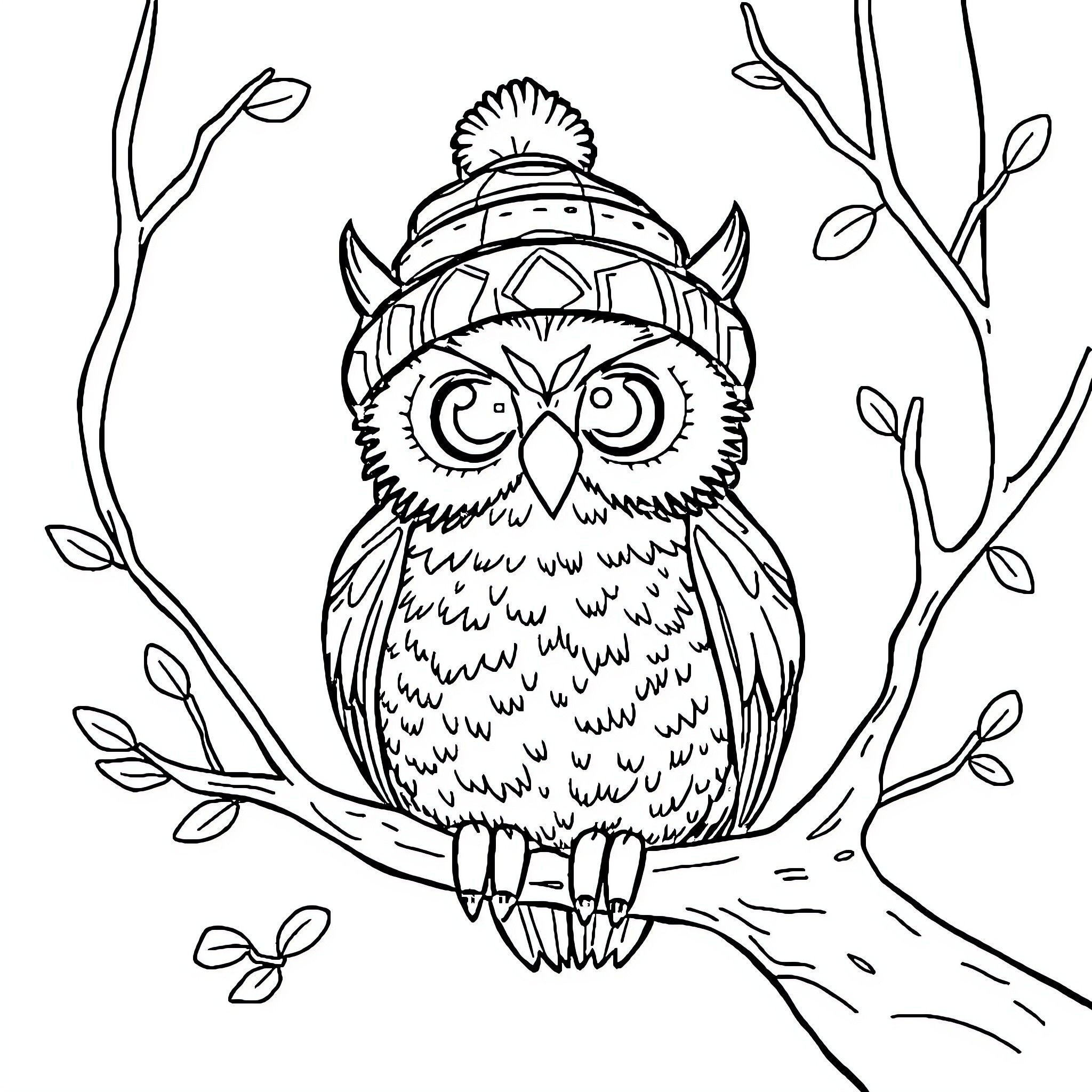 Owl wearing a hat in a nature scene Coloring Page (free black-and-white line drawing printable PDF for all, from beginners to advanced learners, including children, teens, adults, and seniors)
