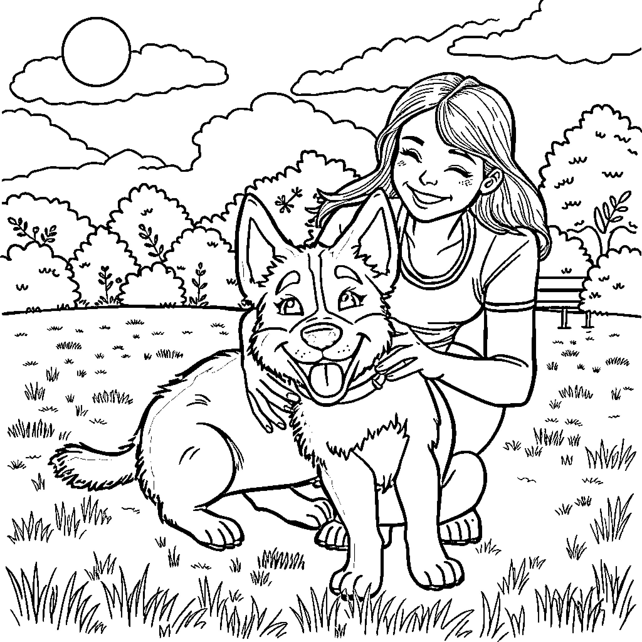 Bluey playing with her dog in the park Coloring Page (free black-and-white line drawing printable PDF for all, from beginners to advanced learners, including children, teens, adults, and seniors)