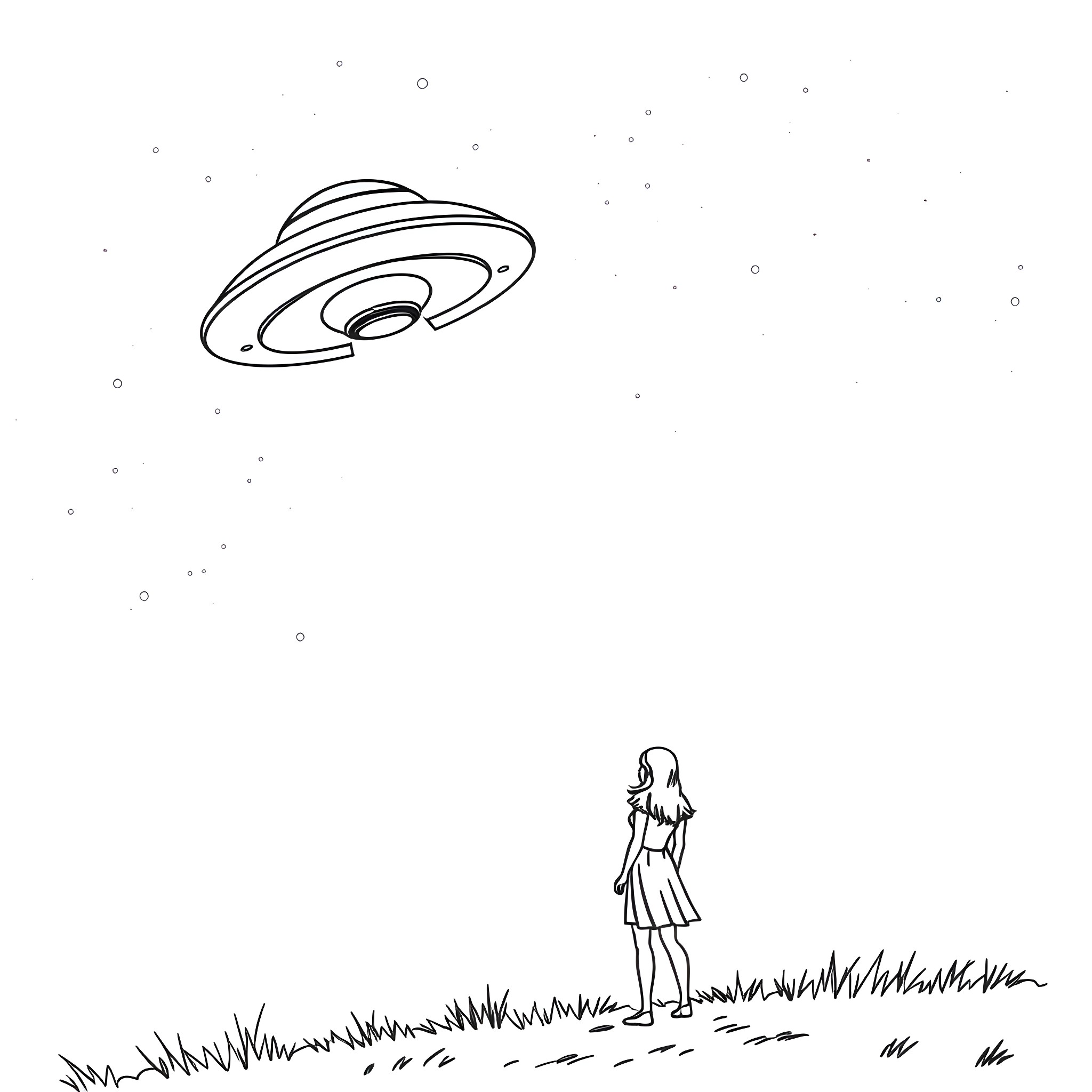 UFO observing a human figure in a field Coloring Page (free black-and-white line drawing printable PDF for all, from beginners to advanced learners, including children, teens, adults, and seniors)