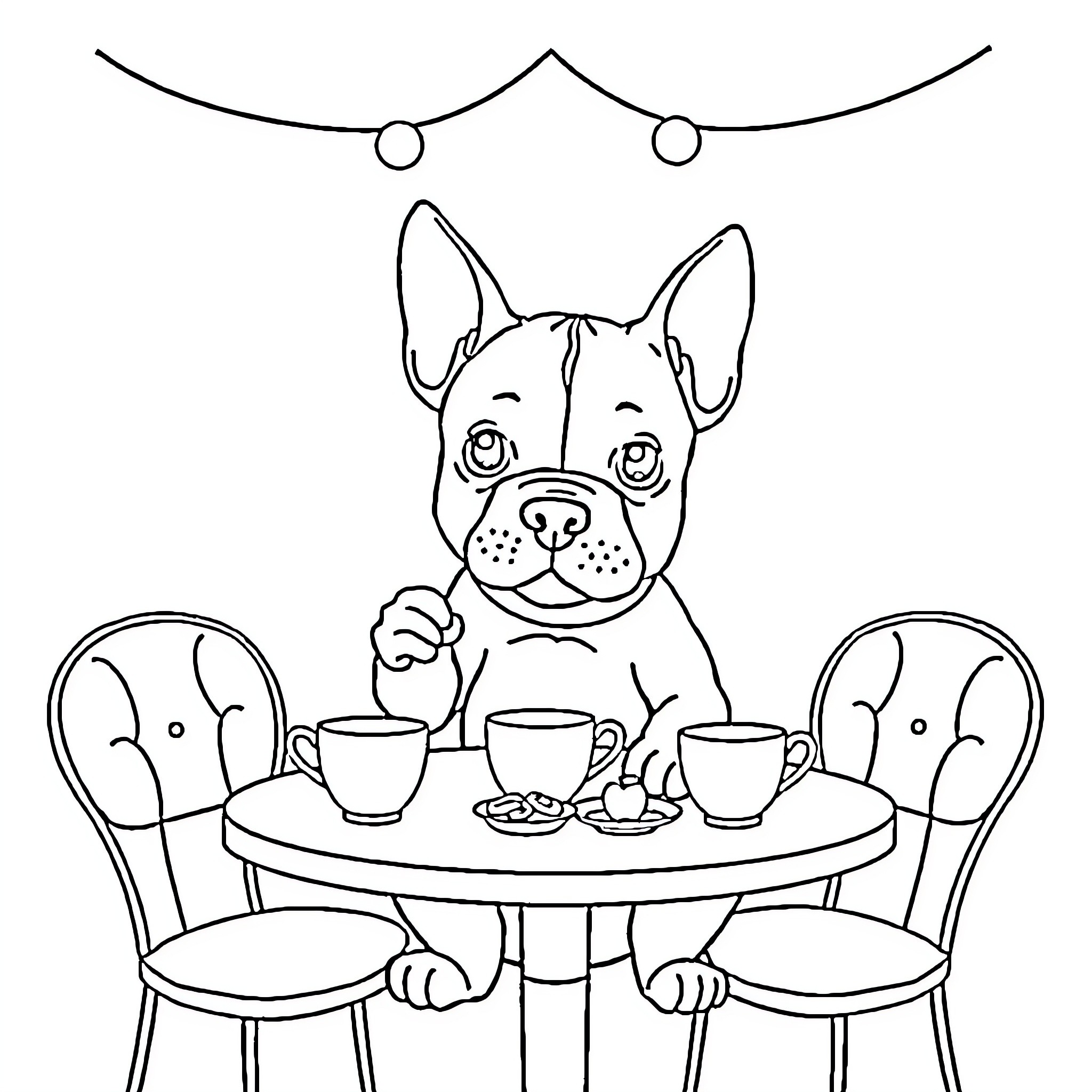 Pitbull enjoying a cozy tea time Coloring Page (free black-and-white line drawing printable PDF for all, from beginners to advanced learners, including children, teens, adults, and seniors)