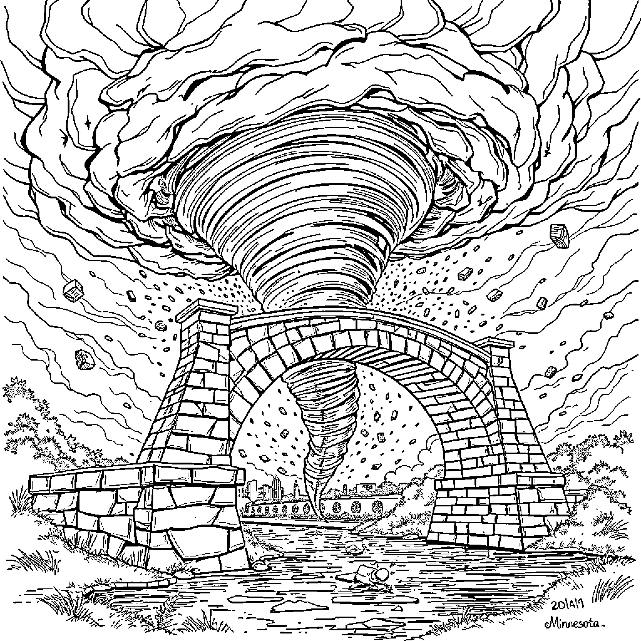 Tornado Sweeps Through Brick Bridge Coloring Page (free black-and-white line drawing printable PDF for all, from beginners to advanced learners, including children, teens, adults, and seniors)