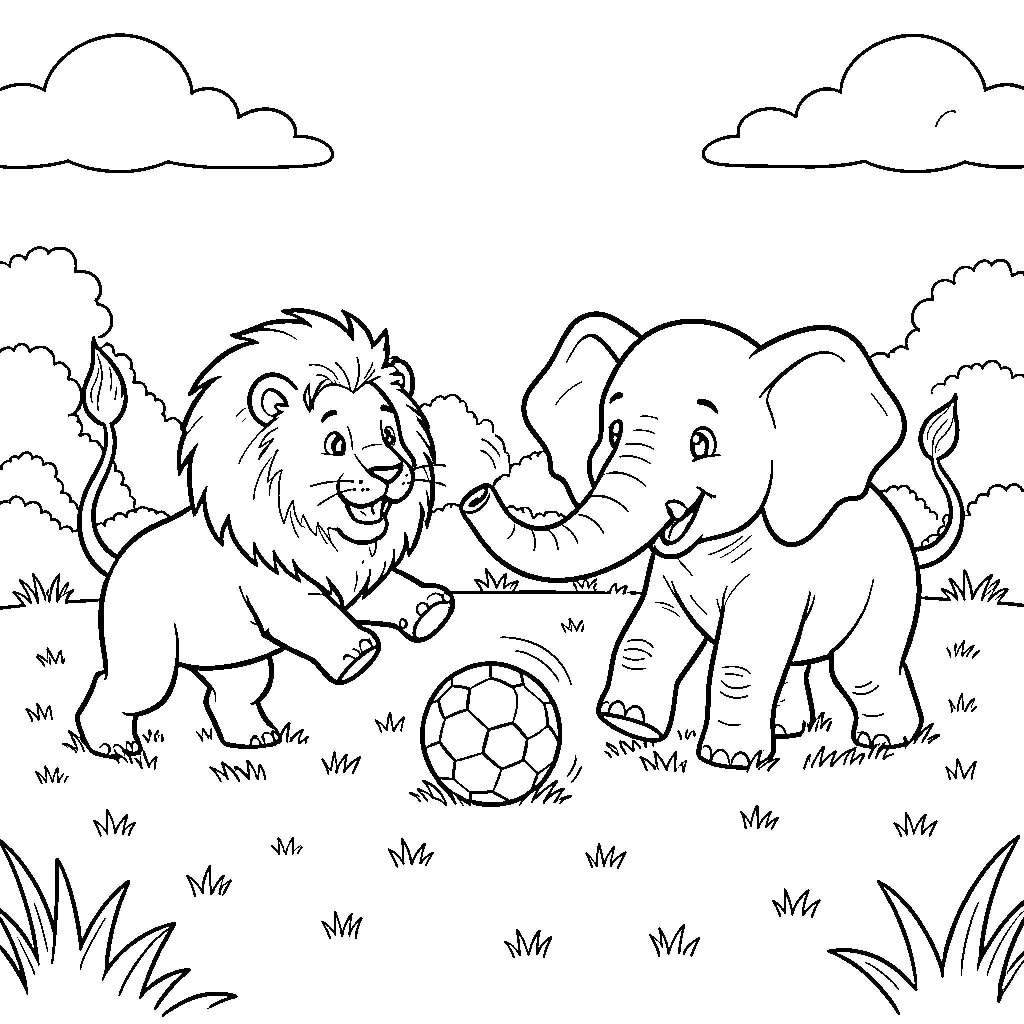 Lion and Elephant Playing Together in the Wild Coloring Page (free black-and-white line drawing printable PDF for all, from beginners to advanced learners, including children, teens, adults, and seniors)