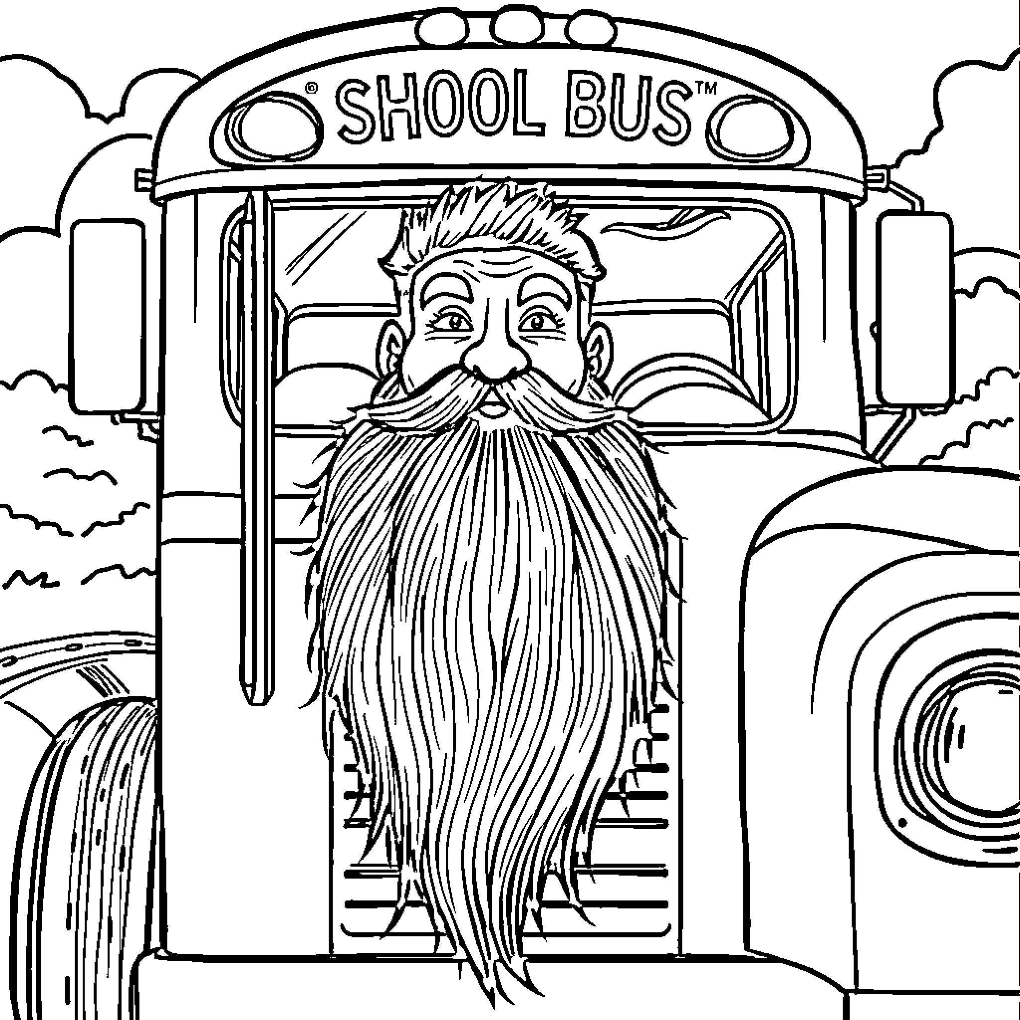 School Bus with a bearded driver Coloring Page (free black-and-white line drawing printable PDF for all, from beginners to advanced learners, including children, teens, adults, and seniors)