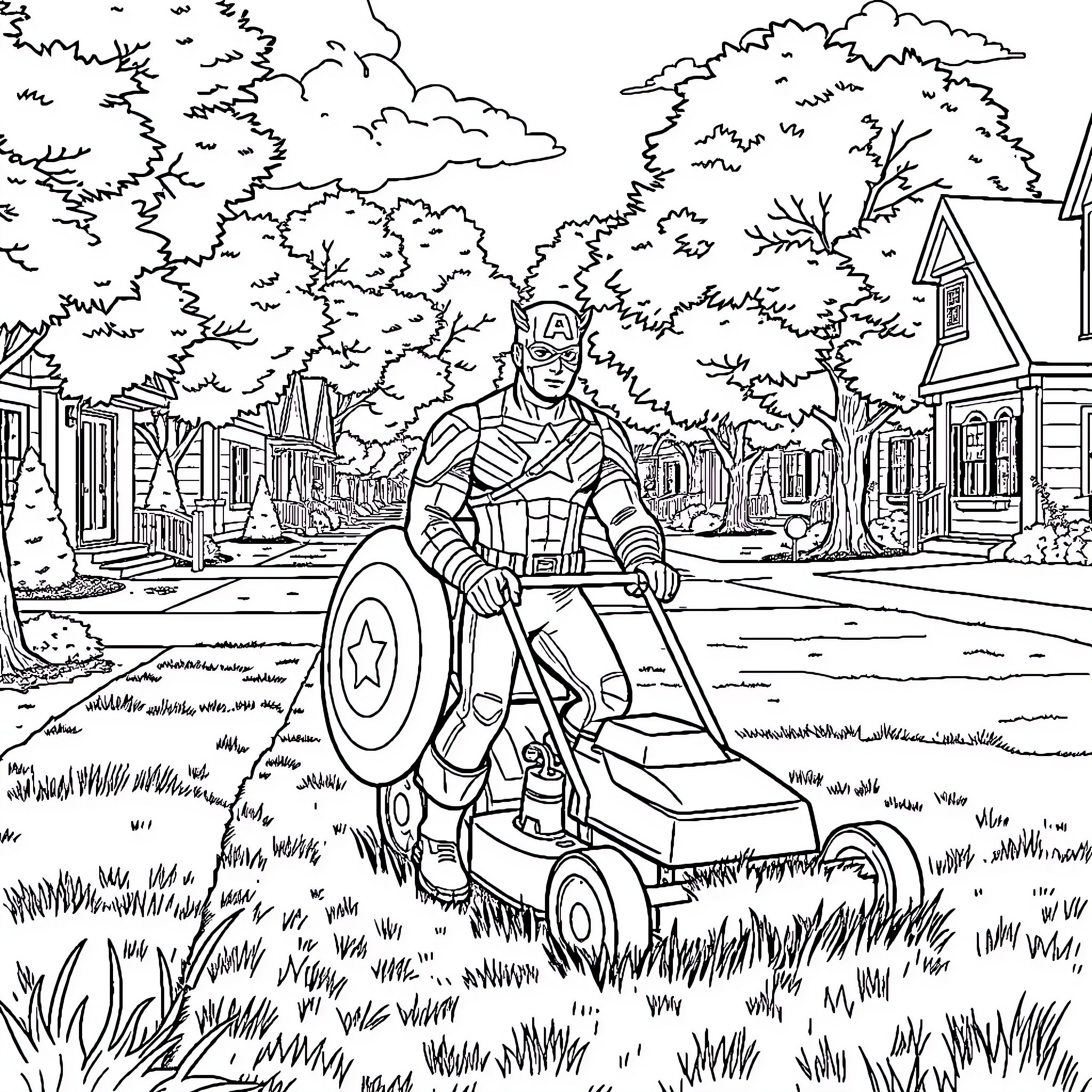 Captain America Mowing the Lawn in Neighborhood Coloring Page (free black-and-white line drawing printable PDF for all, from beginners to advanced learners, including children, teens, adults, and seniors)