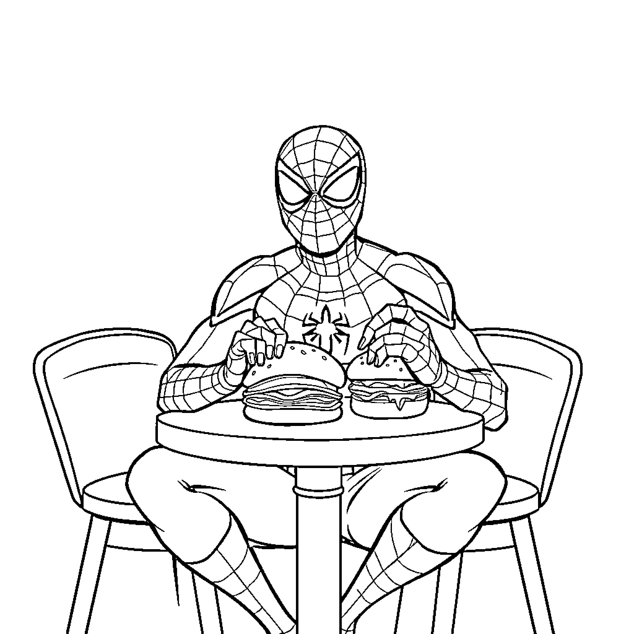 Spiderman enjoys a tasty meal Coloring Page (free black-and-white line drawing printable PDF for all, from beginners to advanced learners, including children, teens, adults, and seniors)