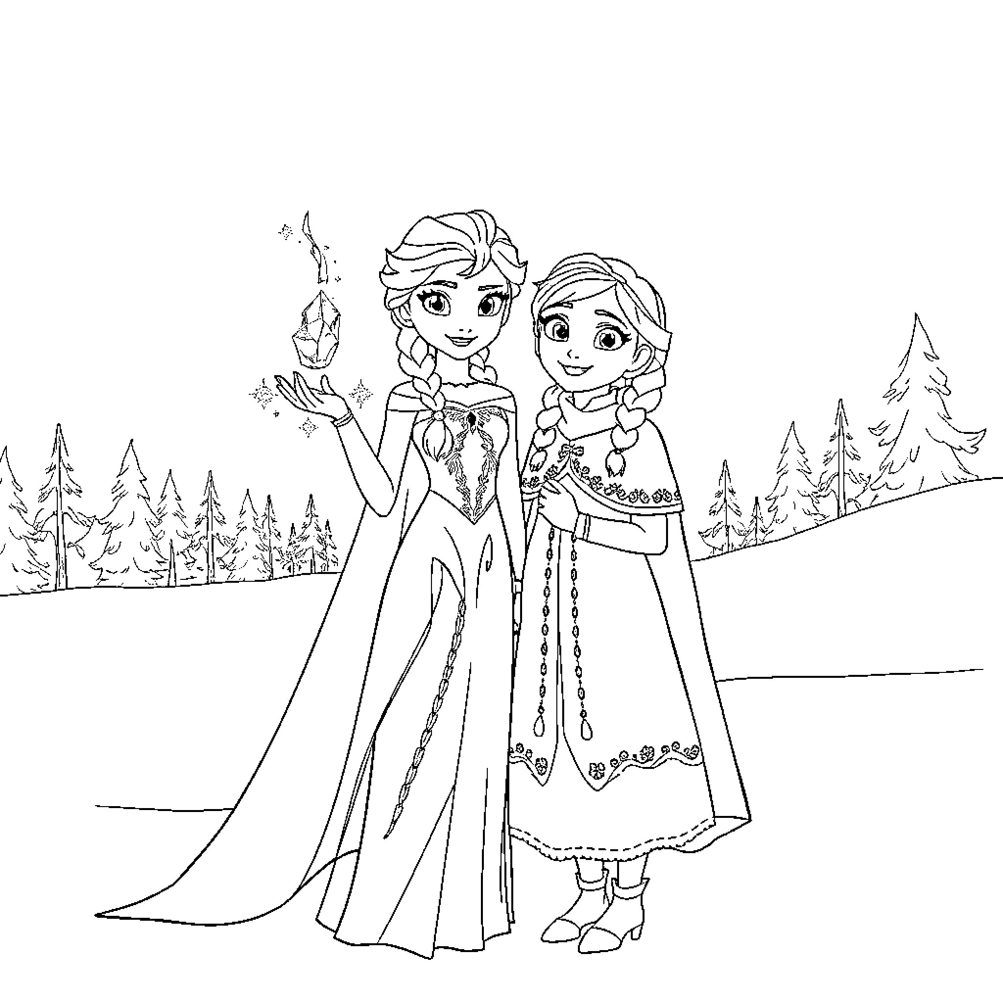 Elsa and Anna's Wintry Adventure Coloring Page (free black-and-white line drawing printable PDF for all, from beginners to advanced learners, including children, teens, adults, and seniors)