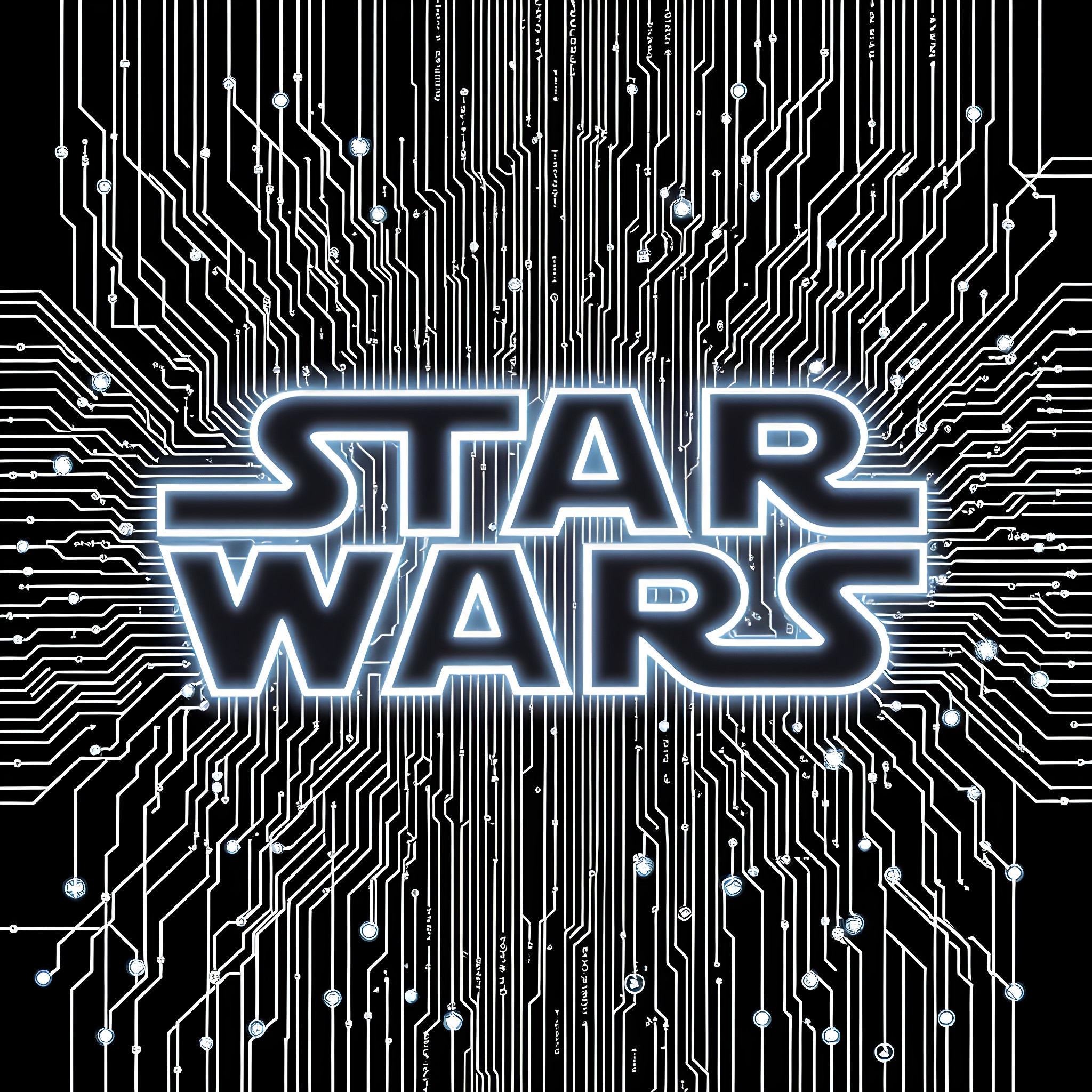 Star Wars logo glowing on futuristic circuit board Coloring Page (free black-and-white line drawing printable PDF for all, from beginners to advanced learners, including children, teens, adults, and seniors)