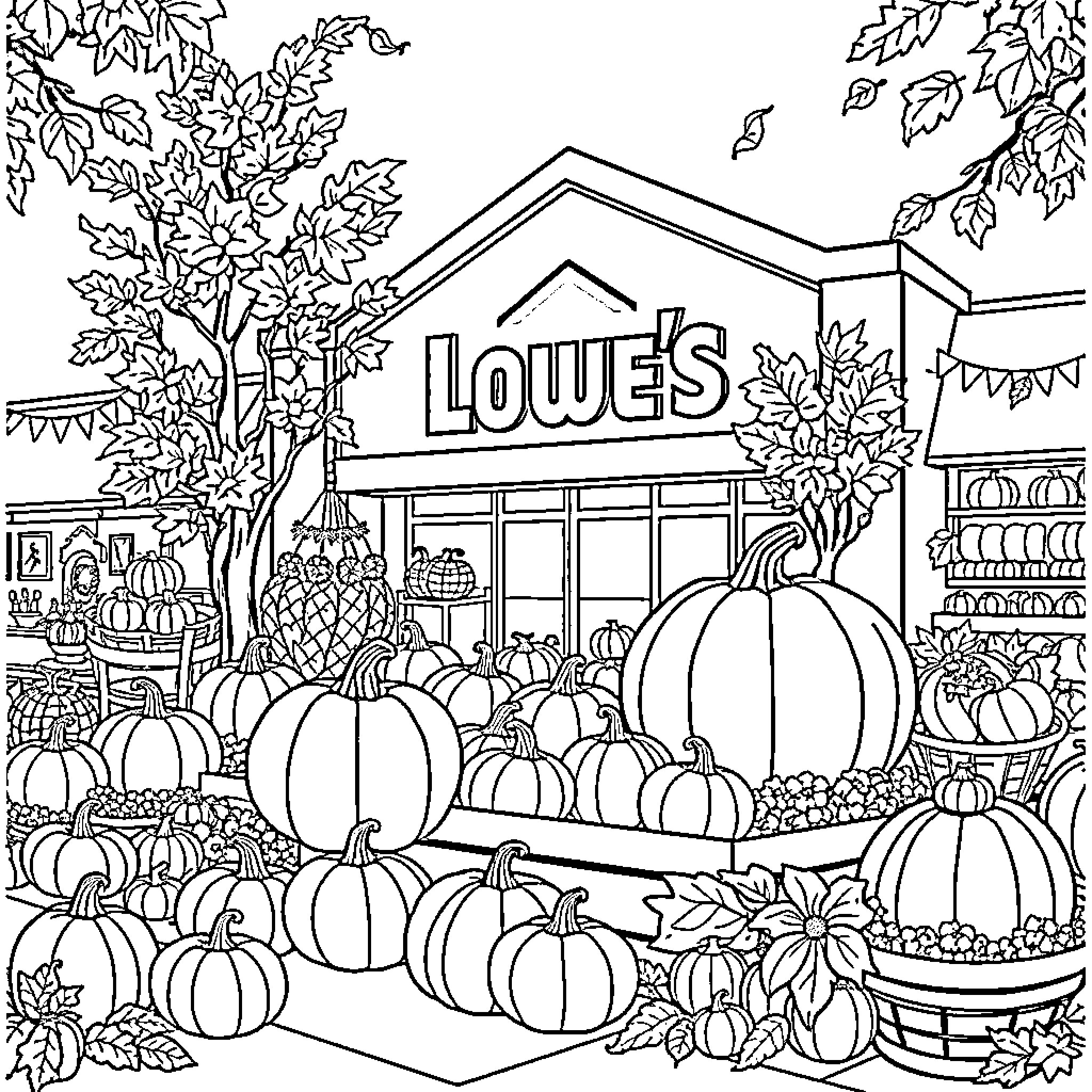 Autumn Scene at the Local Hardware Store Coloring Page (free black-and-white line drawing printable PDF for all, from beginners to advanced learners, including children, teens, adults, and seniors)