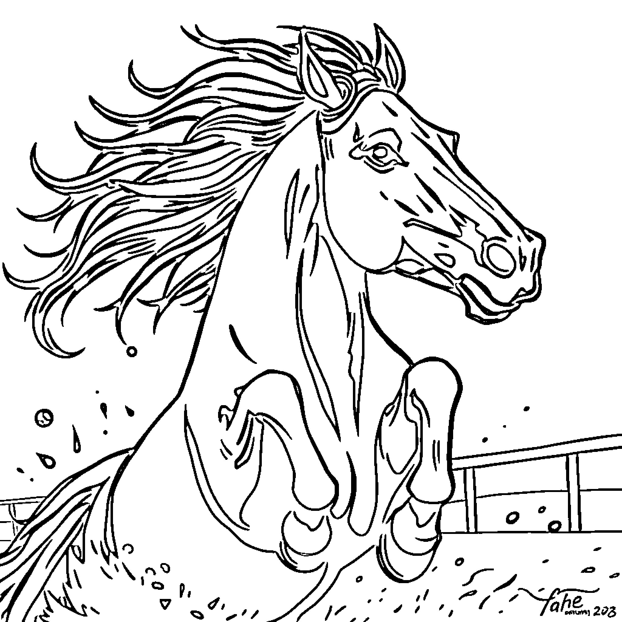 Horse with Flowing Mane in Animated Style Coloring Page (free black-and-white line drawing printable PDF for all, from beginners to advanced learners, including children, teens, adults, and seniors)